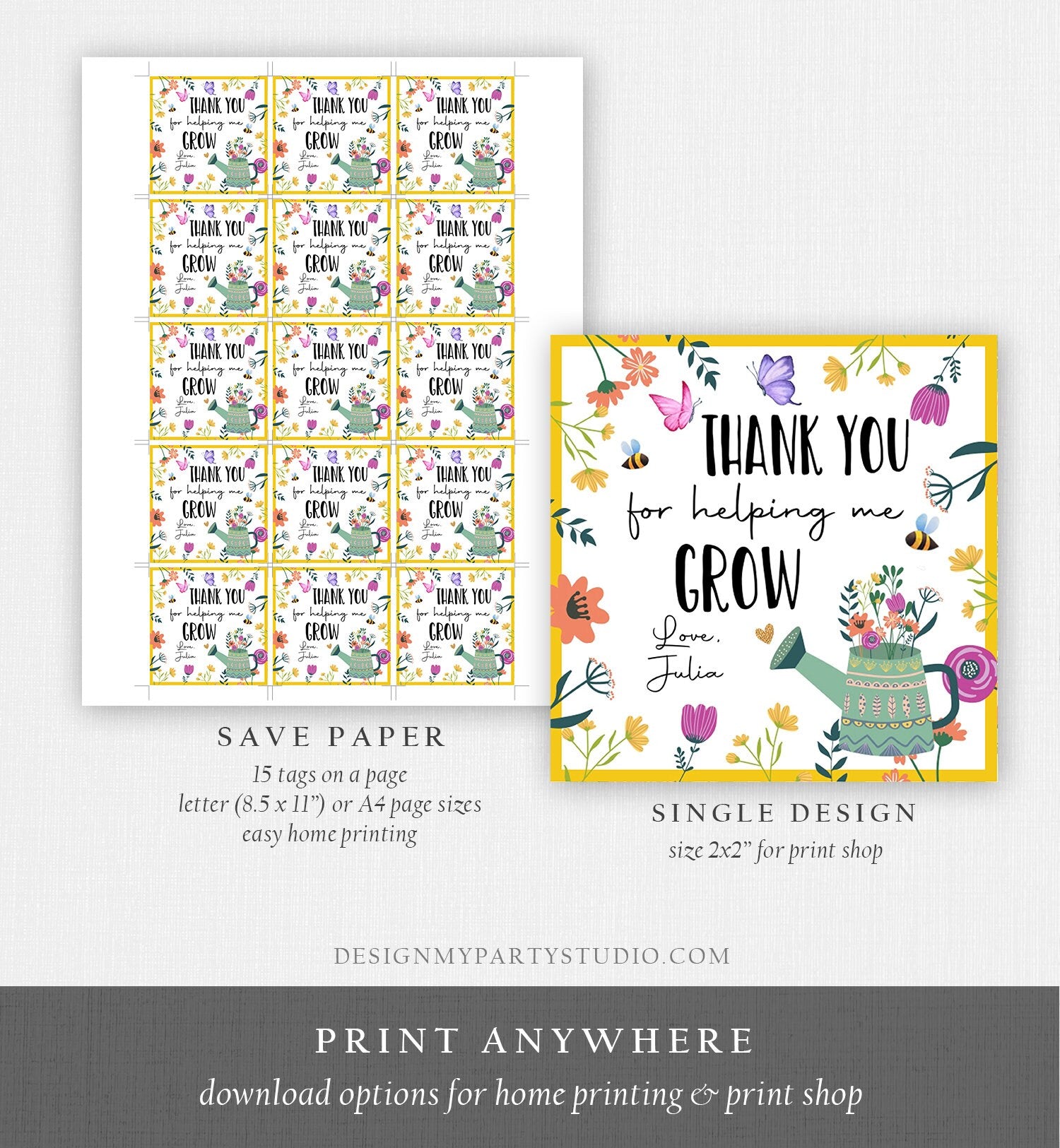 Editable Teacher Appreciation Tag Thank You for Helping Me Grow Succulent Cactus Plant Tag Digital Download Template Printable 0464