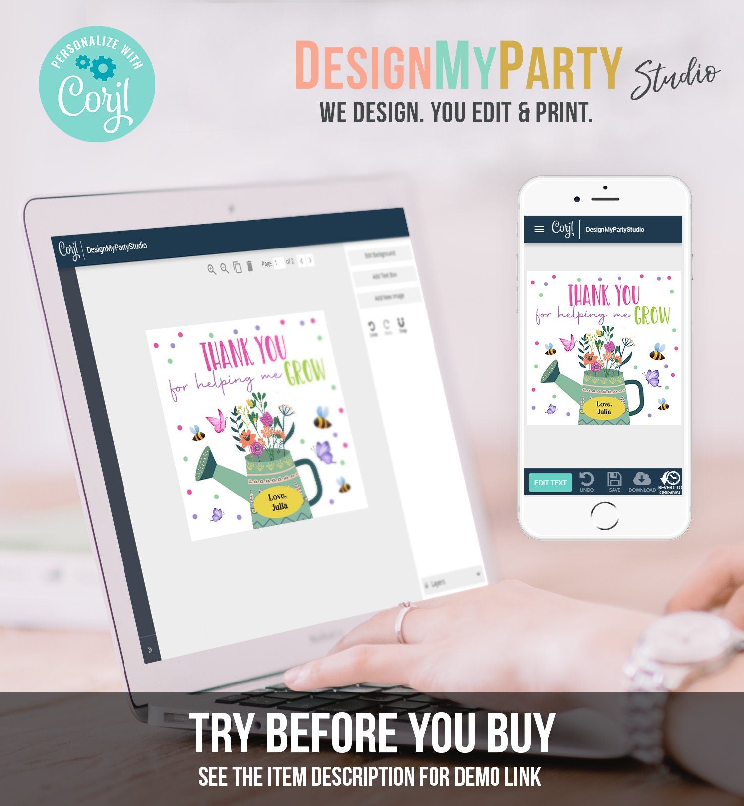 Editable Teacher Appreciation Tags Thank You for Helping me Grow Succulent Thank You Cactus Plant Tag Digital Template Printable 0464