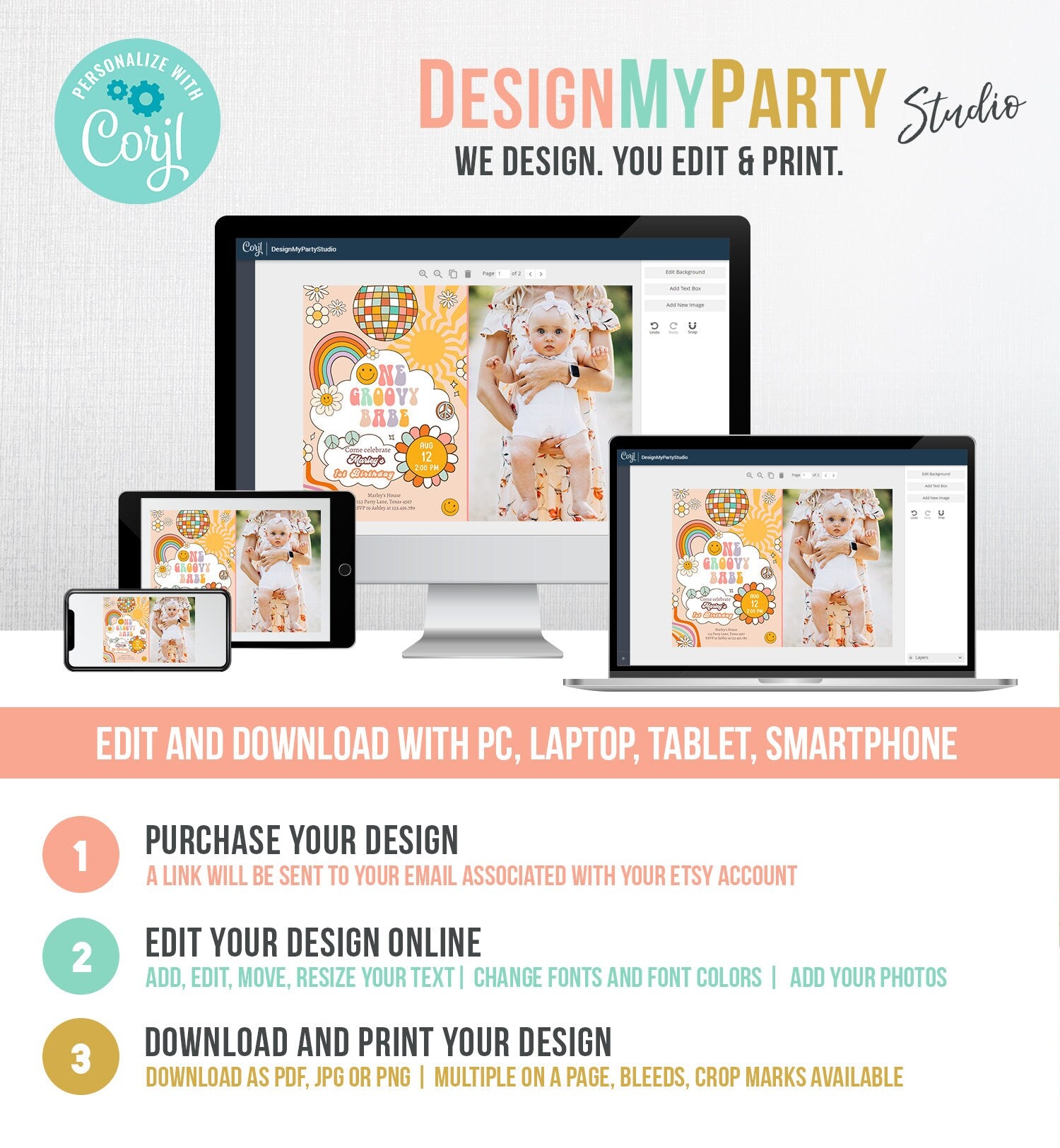 Editable Groovy One Retro 1st Birthday Invitation First Birthday One Groovy Babe Invite Peace Love Download Template Corjl Digital 0459