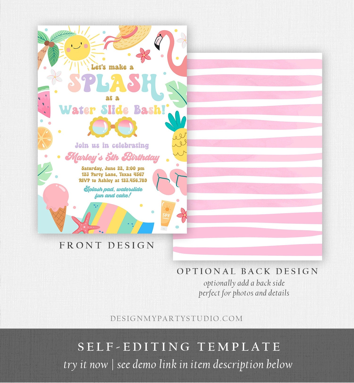 Editable Splish Splash Birthday Invitation Pool Party Girl Summer Waterslide Water Party Pink Digital Download Template Printable 0465