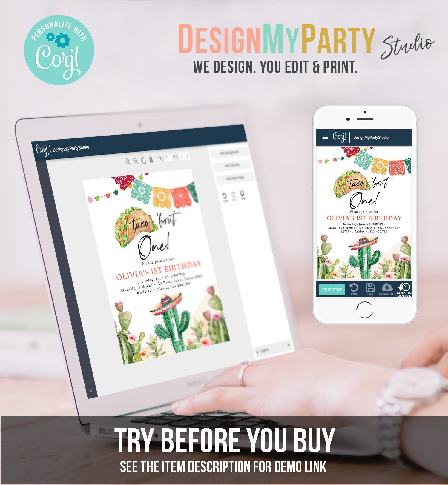 Editable Fiesta Invitation First Fiesta Birthday Mexican Cactus Taco Bout One Girl Watercolor Digital Download Evite Template Printable 0404