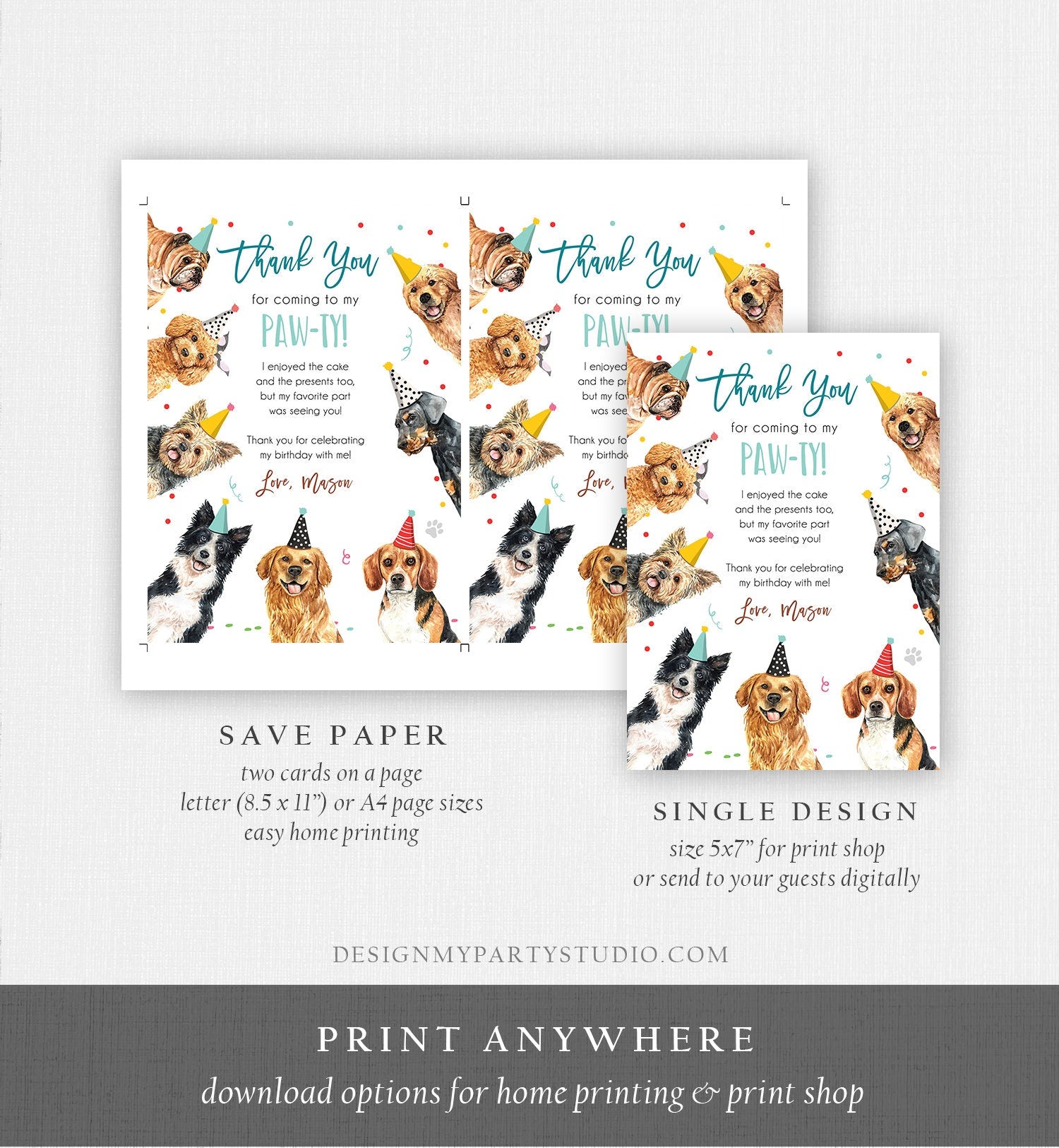 Editable Dog Birthday Thank You Card Puppy Birthday Boy Blue Pawty Birthday Animal Pet Vet Digital Download Template Printable 0384