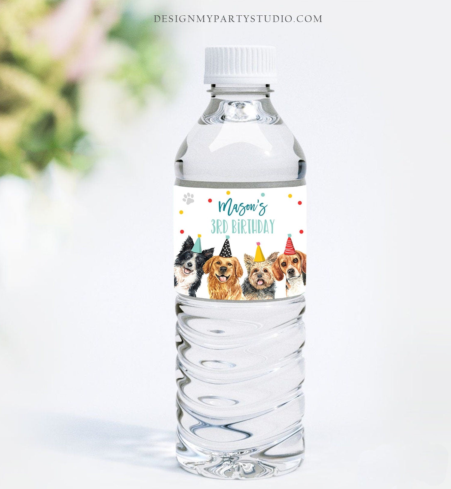 Editable Dog Water Bottle Labels Dog Birthday Puppy Party Doggy Pet Vet Pawty Birthday Decor Boy Printable Bottle Wrap Template Corjl 0384