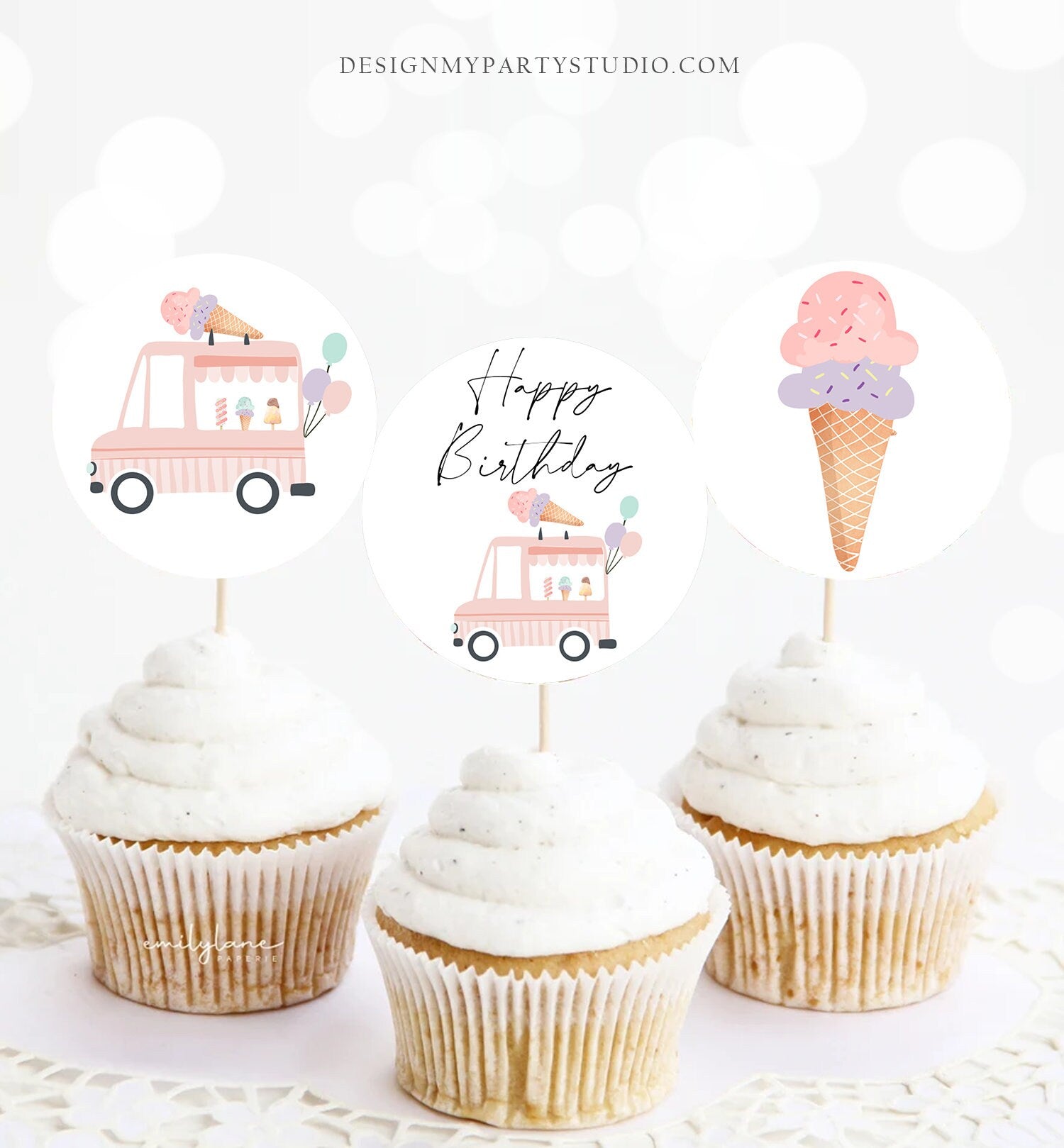 Ice Cream Truck Cupcake Toppers Favor Tags Ice Cream Birthday Party Decoration Pink Mint Girl Summer Scoop Download Digital PRINTABLE 0415