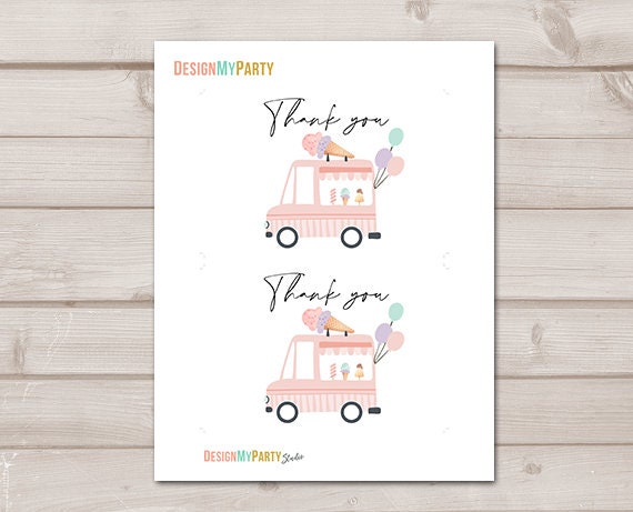 Ice Cream Truck Thank You Card Girl Ice Cream Birthday Party Thank You Note Summer Girl Pink Printable Instant Download Digital 0415