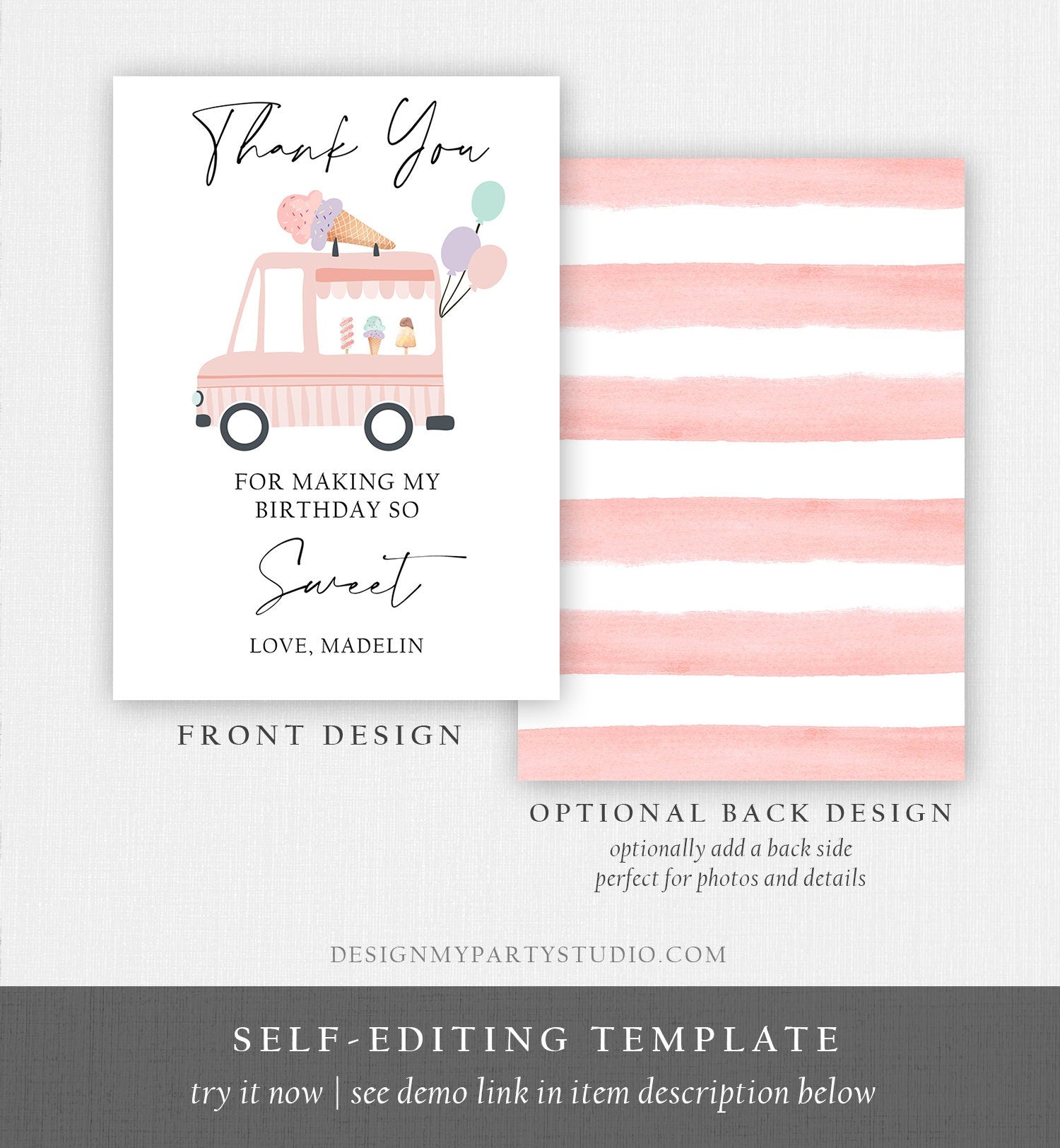 Editable Ice Cream Truck Thank You Card Ice Cream Birthday Thank You Note Girl Birthday Summer Digital Download Template Printable 0415