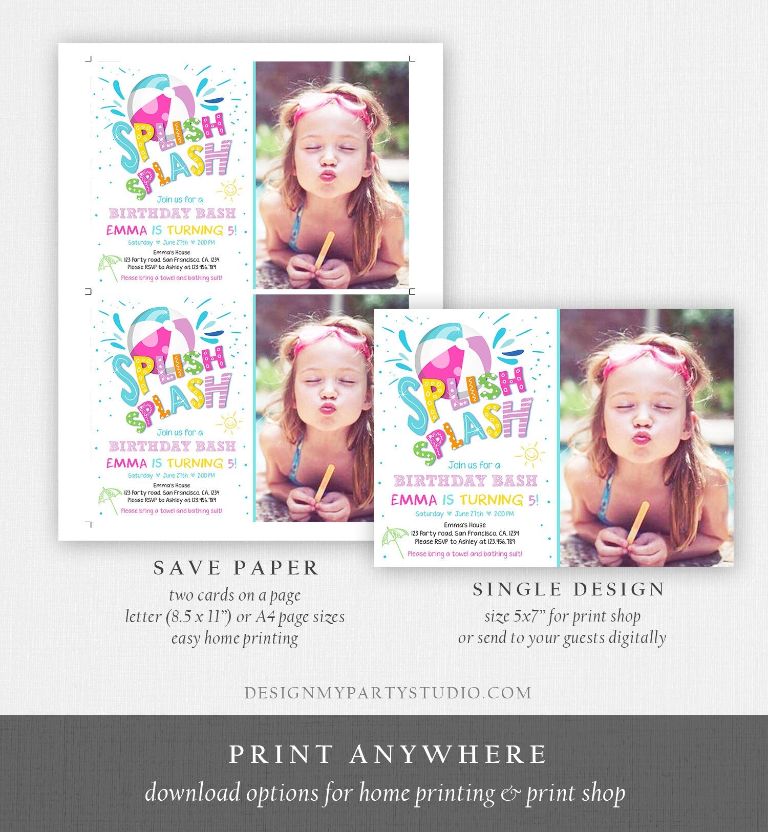 Editable Splish Splash Birthday Invitation Pool Party Beach Ball Pink Girl Birthday Bash Download Printable Invite Template Corjl 0169