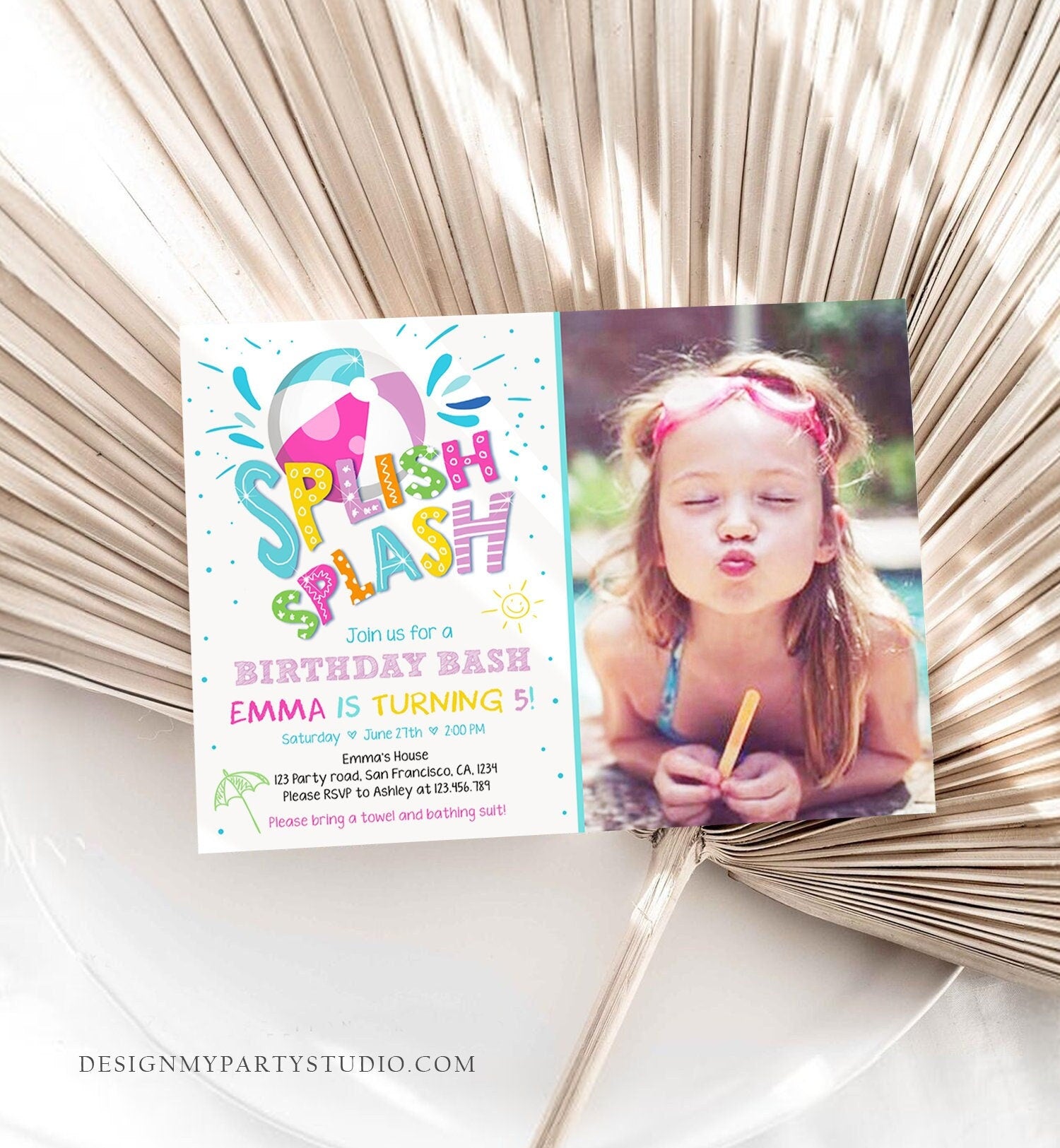 Editable Splish Splash Birthday Invitation Pool Party Beach Ball Pink Girl Birthday Bash Download Printable Invite Template Corjl 0169