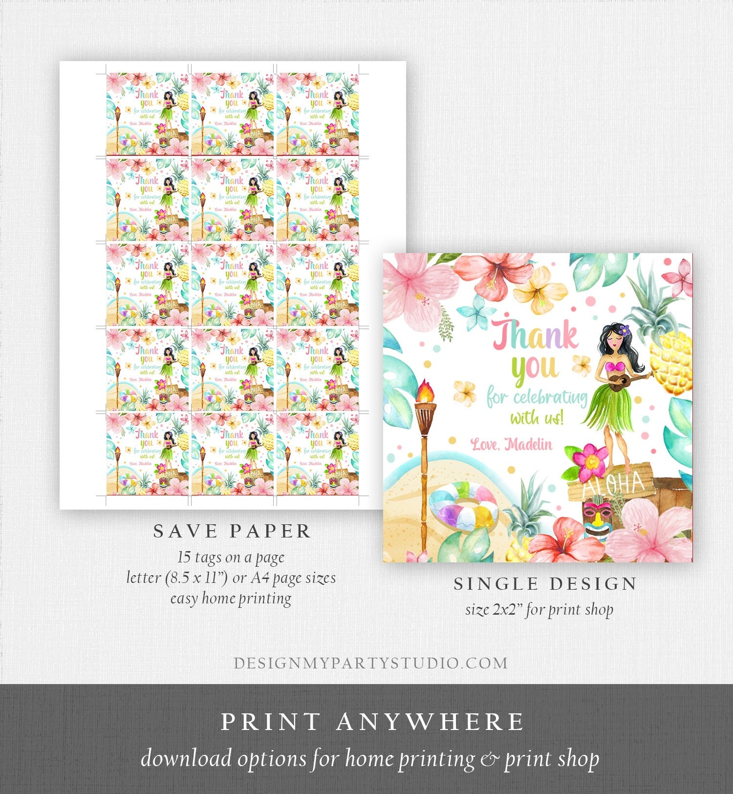 Editable Tropical Aloha Hawaiian Favor Tag Luau Birthday Party Thank You Tags Mahalo Favor Tag Pastel Girl Digital Template Printable 0413