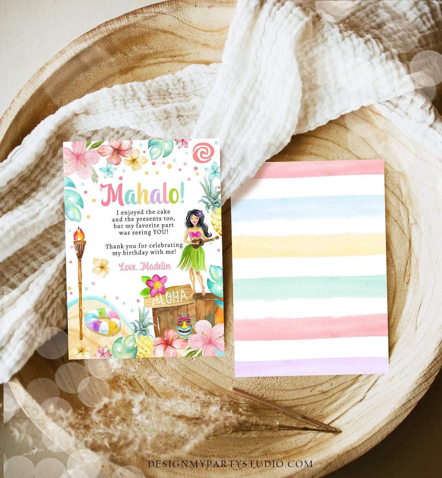 Editable Luau Birthday Thank You Card Girl Hawaiian Birthday Thank You Note Tropical Luau Party Digital Download Template Printable 0413