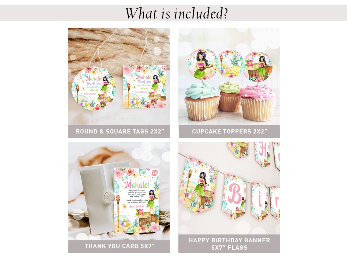Hawaiian Luau Birthday Invitation Bundle Tropical Pool Party Luau Party Pack Girl Luau Party Package Summer Digital Template Printable 0413