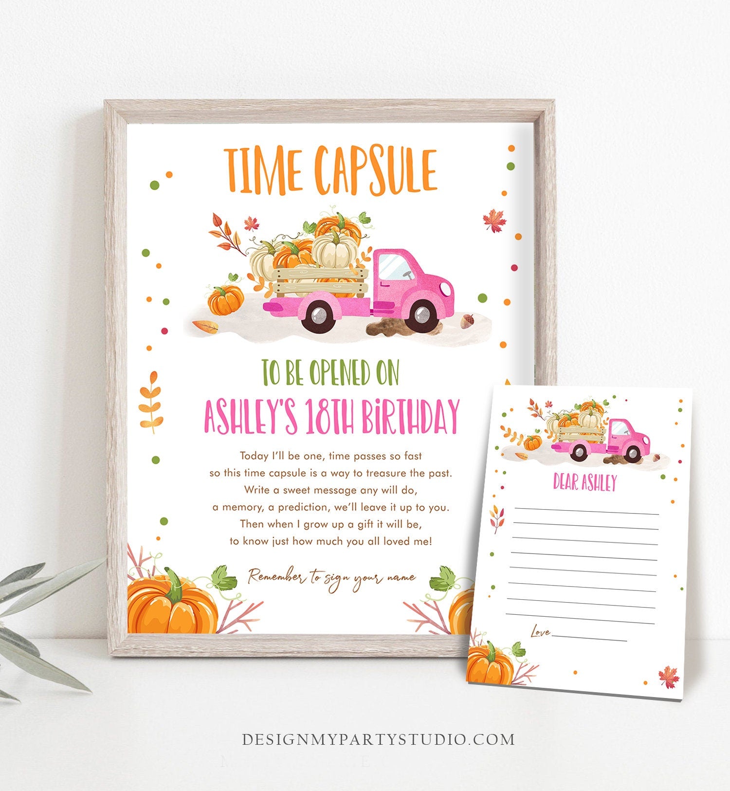 Editable Pumpkin Truck Birthday Time Capsule First 1st Pumpkin Fall Autumn Pink Truck Barnyard Girl Leaves Corjl Template Printable 0153