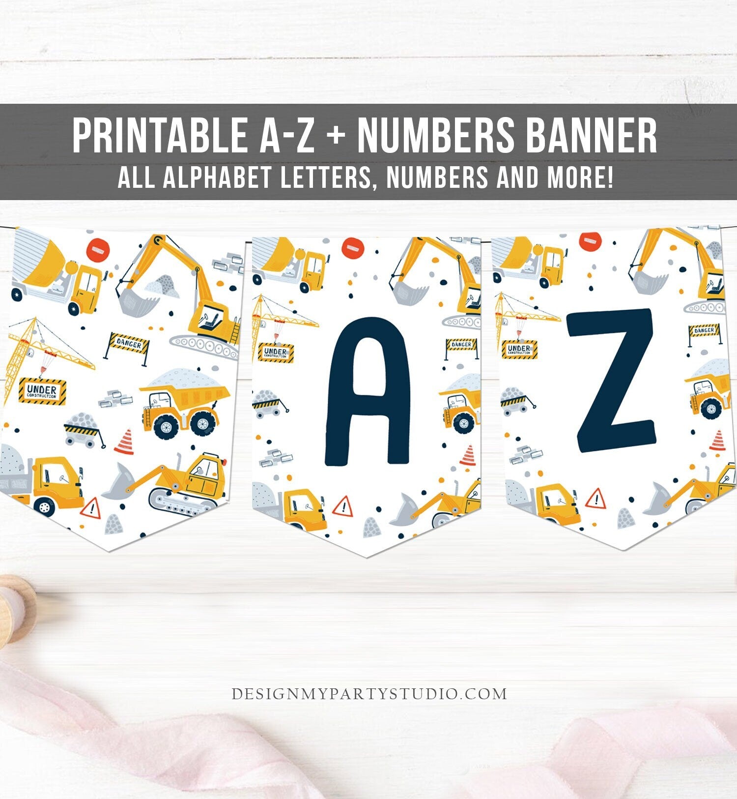 Construction Birthday Banner A-Z Alphabet Numbers Banner First Happy Birthday Banner Boy Dump Truck Digger Decor Printable 0458