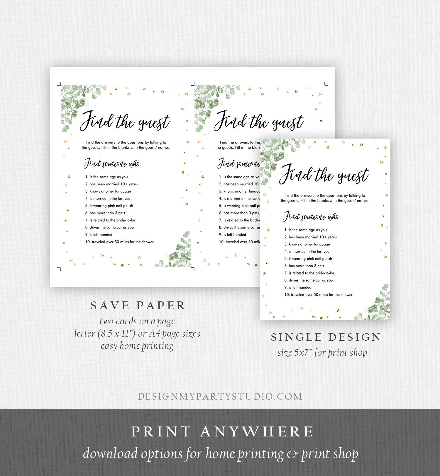 Editable Find the Guest Bridal Shower Game Wedding Shower Activity Eucalyptus Gold Confetti Flowers Download Corjl Printable 0030 0318