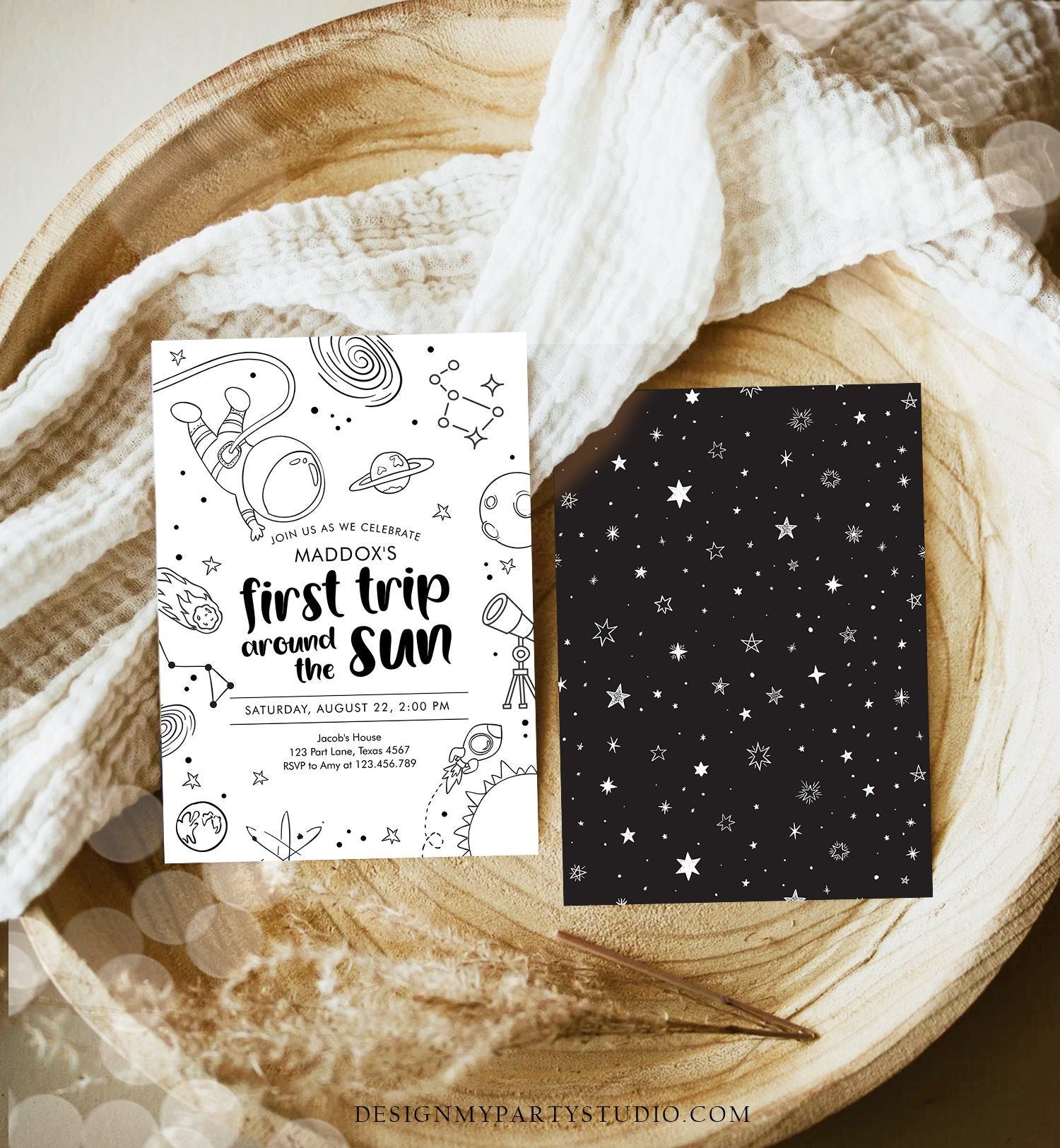 Editable Outer Space First Birthday Invitation Galaxy Blast Off First Trip Around the Sun Digital Download Evite Template Printable 0467