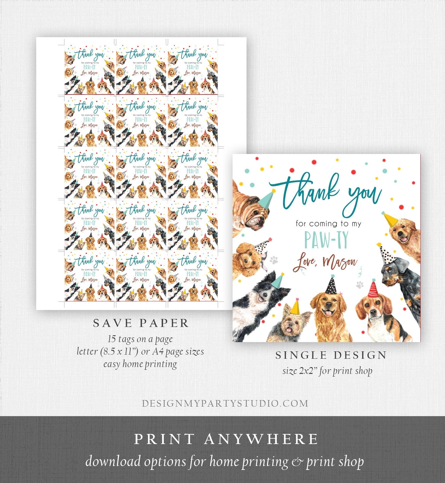 Editable Dogs Favor Tag Puppy Birthday Thank You Tags Boy Blue Paw-Ty Come Sit Stay Pup Dog Pet Vet Animal Digital Template Printable 0384