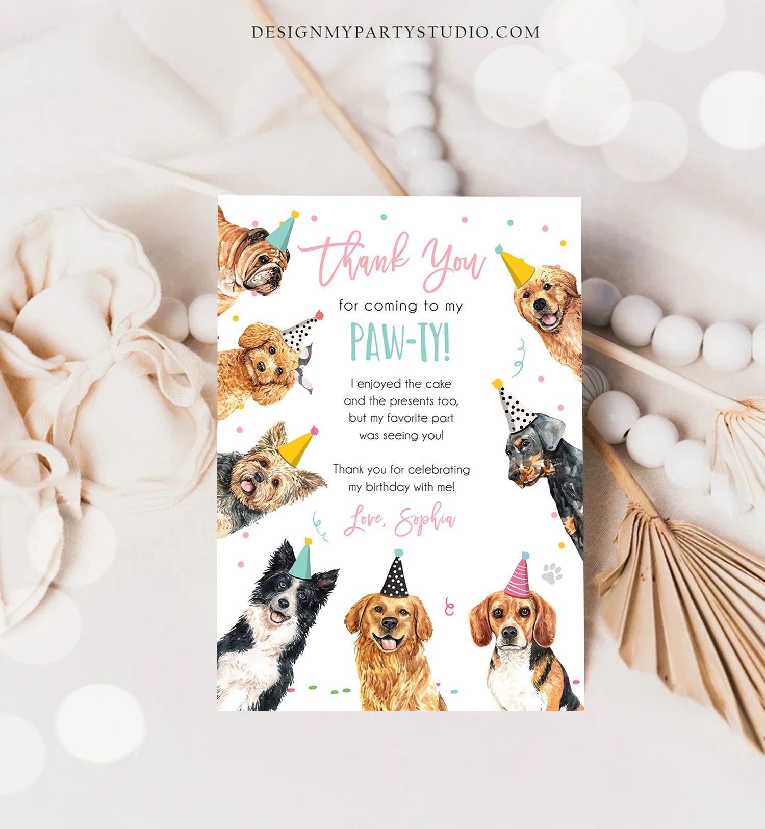 Editable Dog Birthday Thank You Card Puppy Birthday Invite Pink Girl Pawty Birthday Animal Pet Vet Digital Download Template Printable 0384