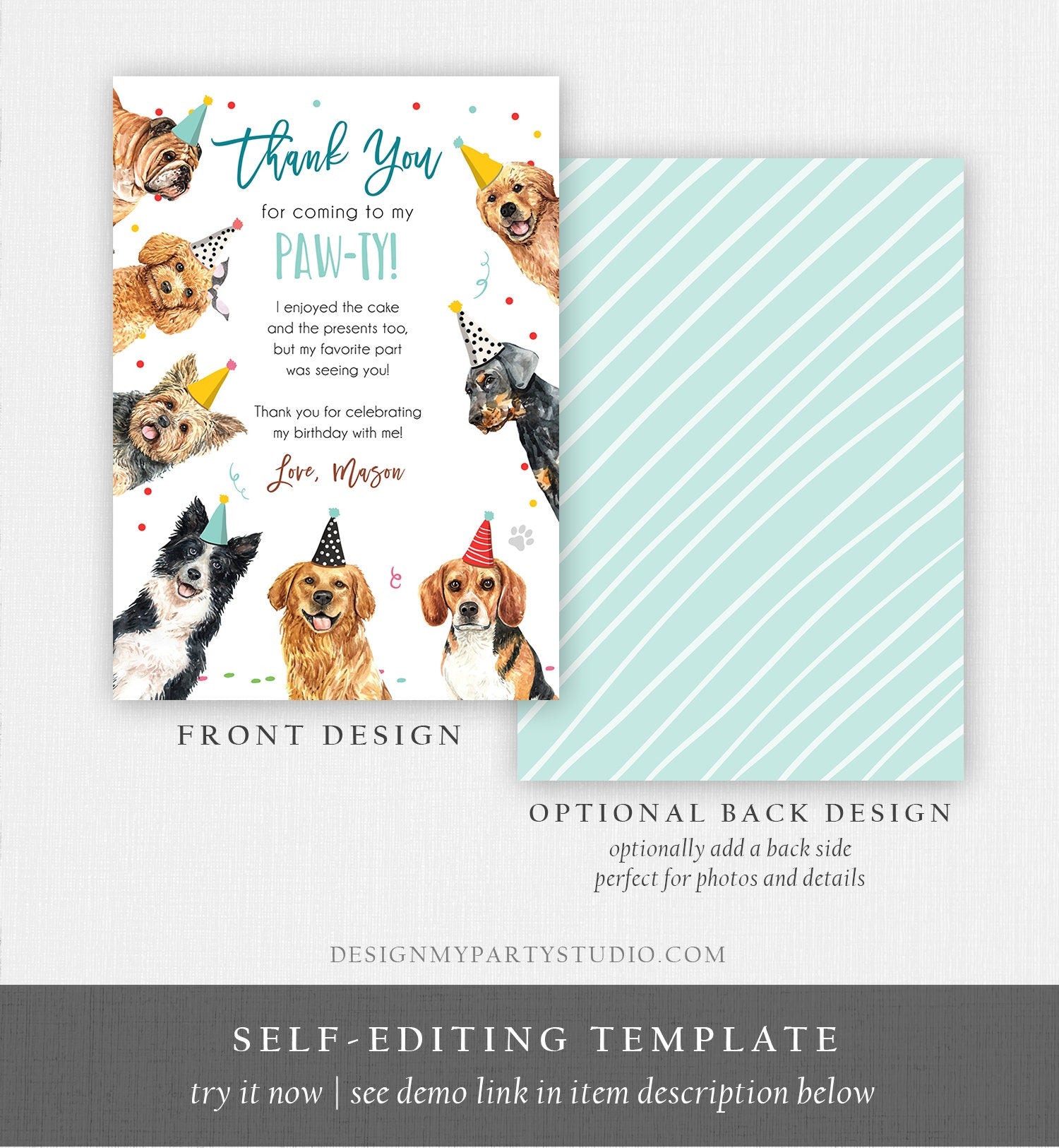 Editable Dog Birthday Thank You Card Puppy Birthday Boy Blue Pawty Birthday Animal Pet Vet Digital Download Template Printable 0384