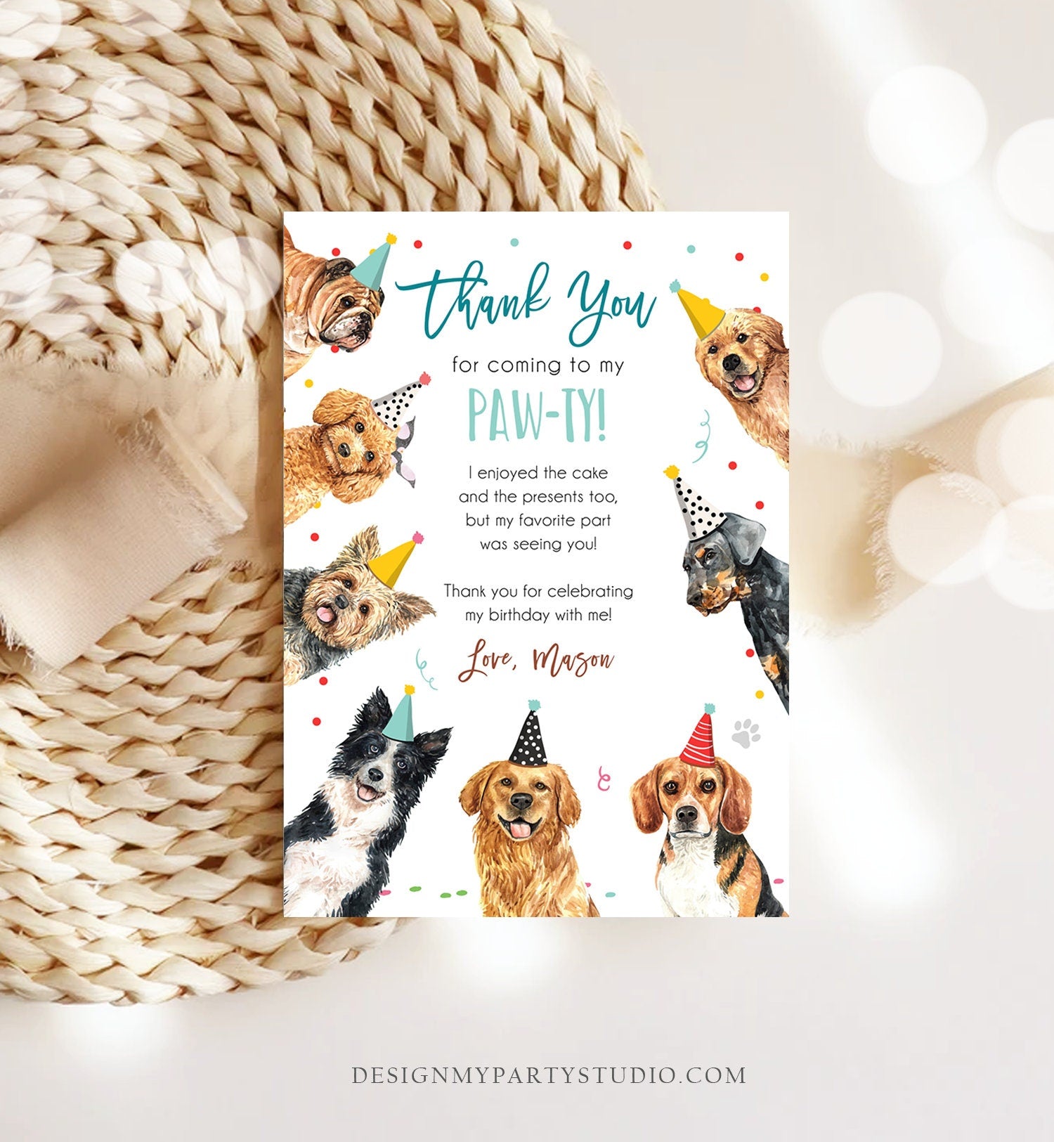 Editable Dog Birthday Thank You Card Puppy Birthday Boy Blue Pawty Birthday Animal Pet Vet Digital Download Template Printable 0384
