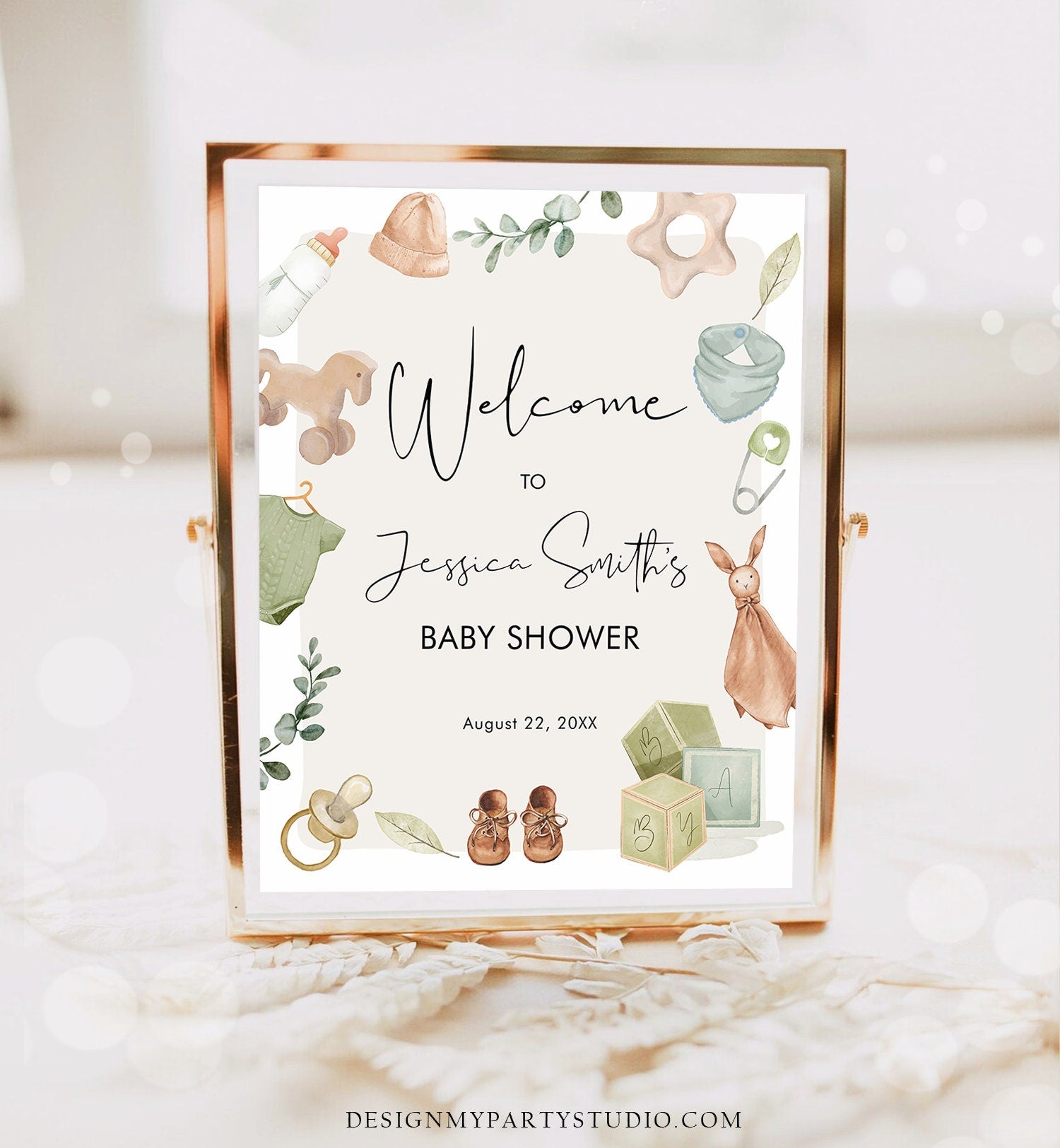 Editable Boho Baby Shower Welcome Sign Boy Baby Shower Neutral Baby Clothes Rustic Greenery Sage Green Instant Template PRINTABLE Corjl 0470