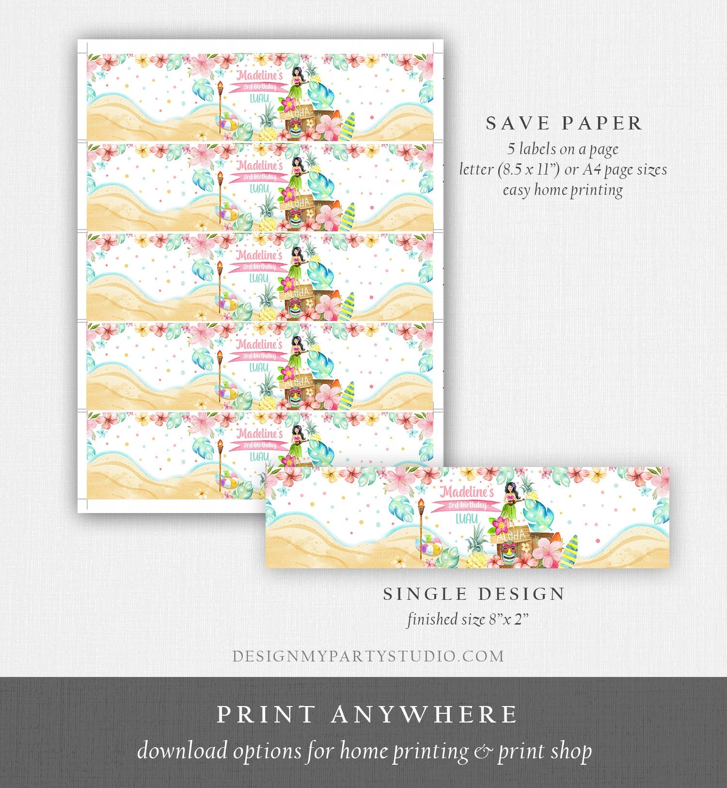 Editable Luau Water Bottle Labels Luau Birthday Luau Party Aloha Hawaiian Birthday Decor Pink Printable Bottle Labels Template Corjl 0413