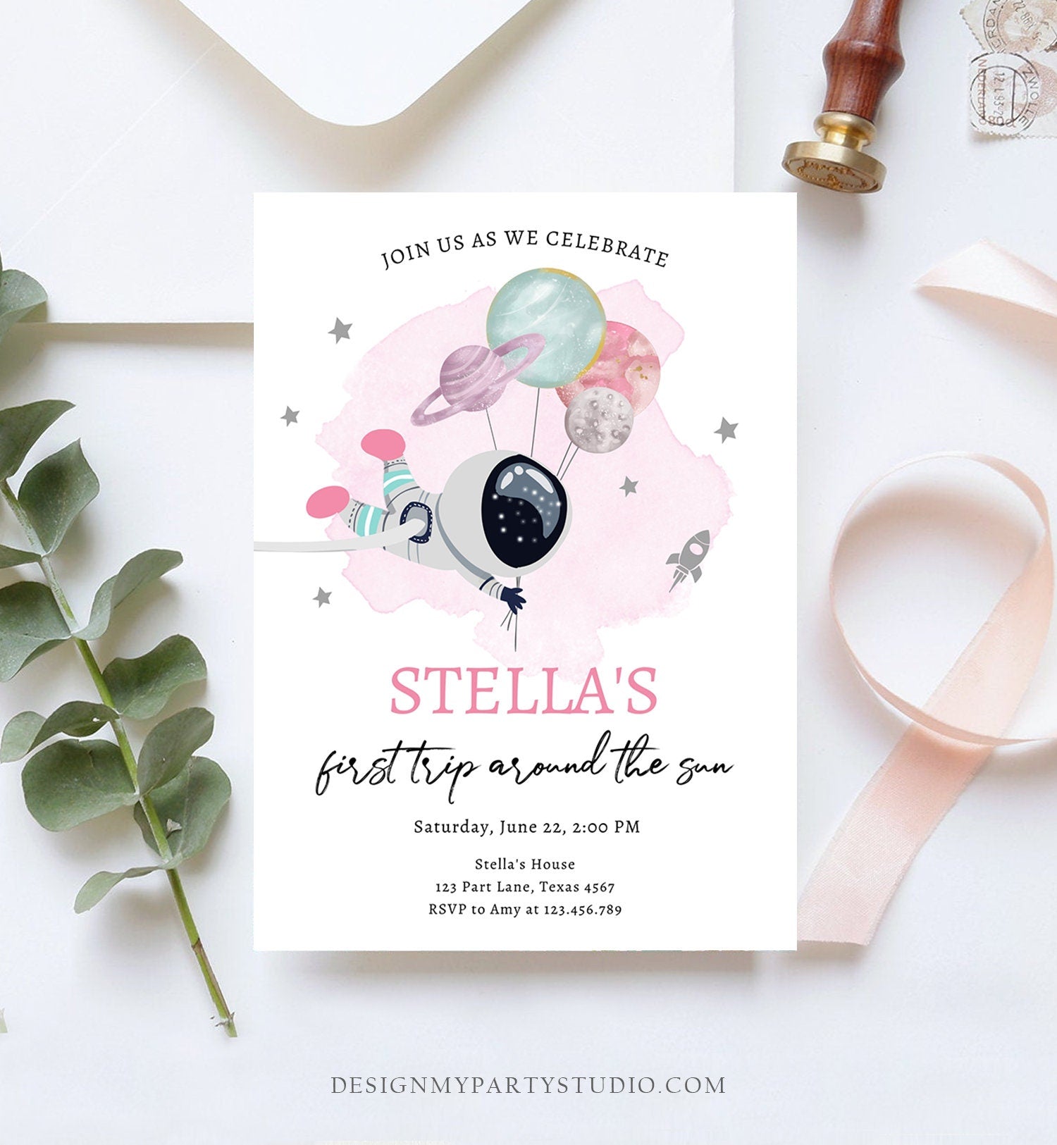 Editable Outer Space Birthday Invitation Girl Pink Galaxy Astronaut Trip Around the Sun Download Printable Template Digital Evite 0366