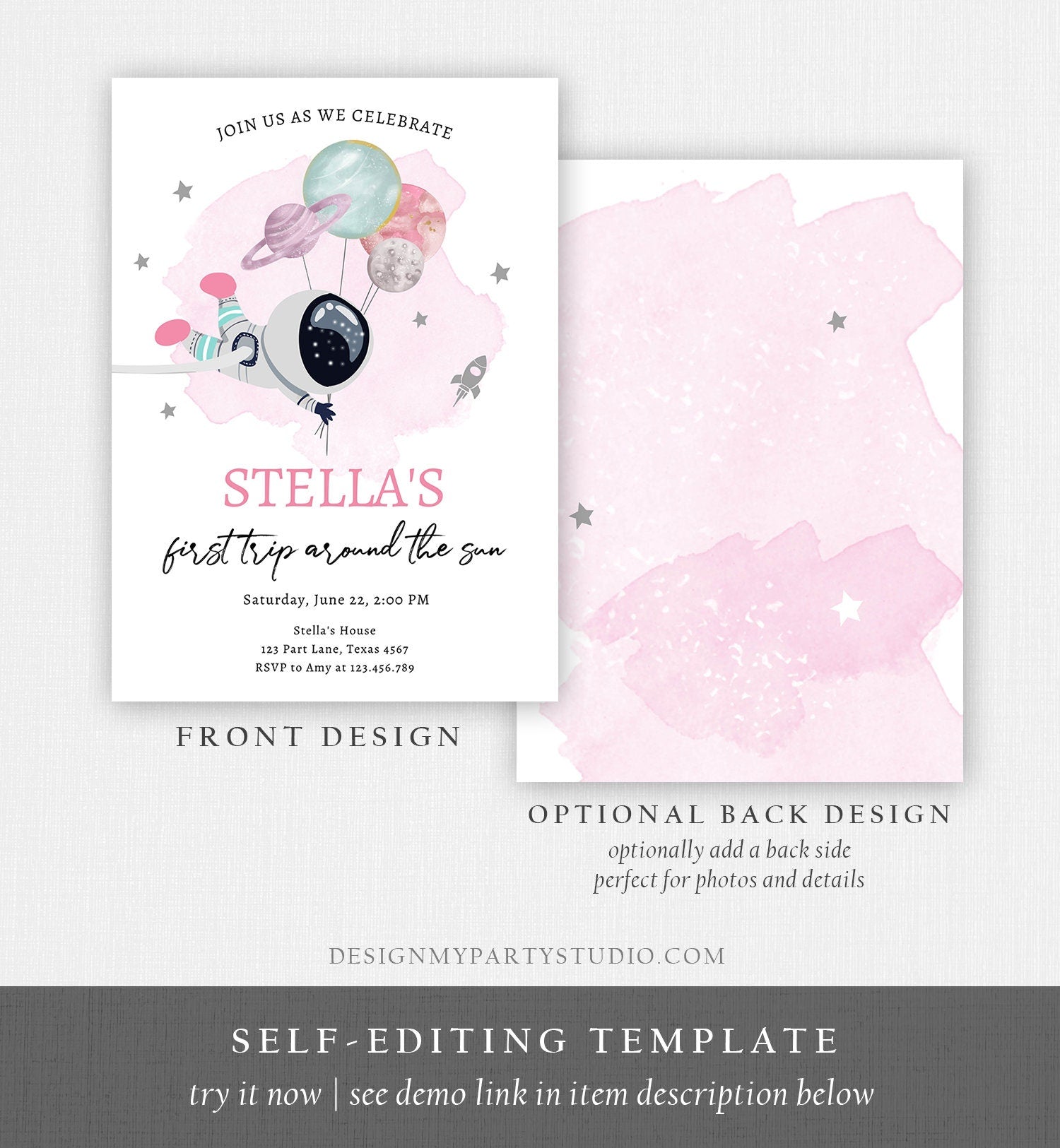 Editable Outer Space Birthday Invitation Girl Pink Galaxy Astronaut Trip Around the Sun Download Printable Template Digital Evite 0366
