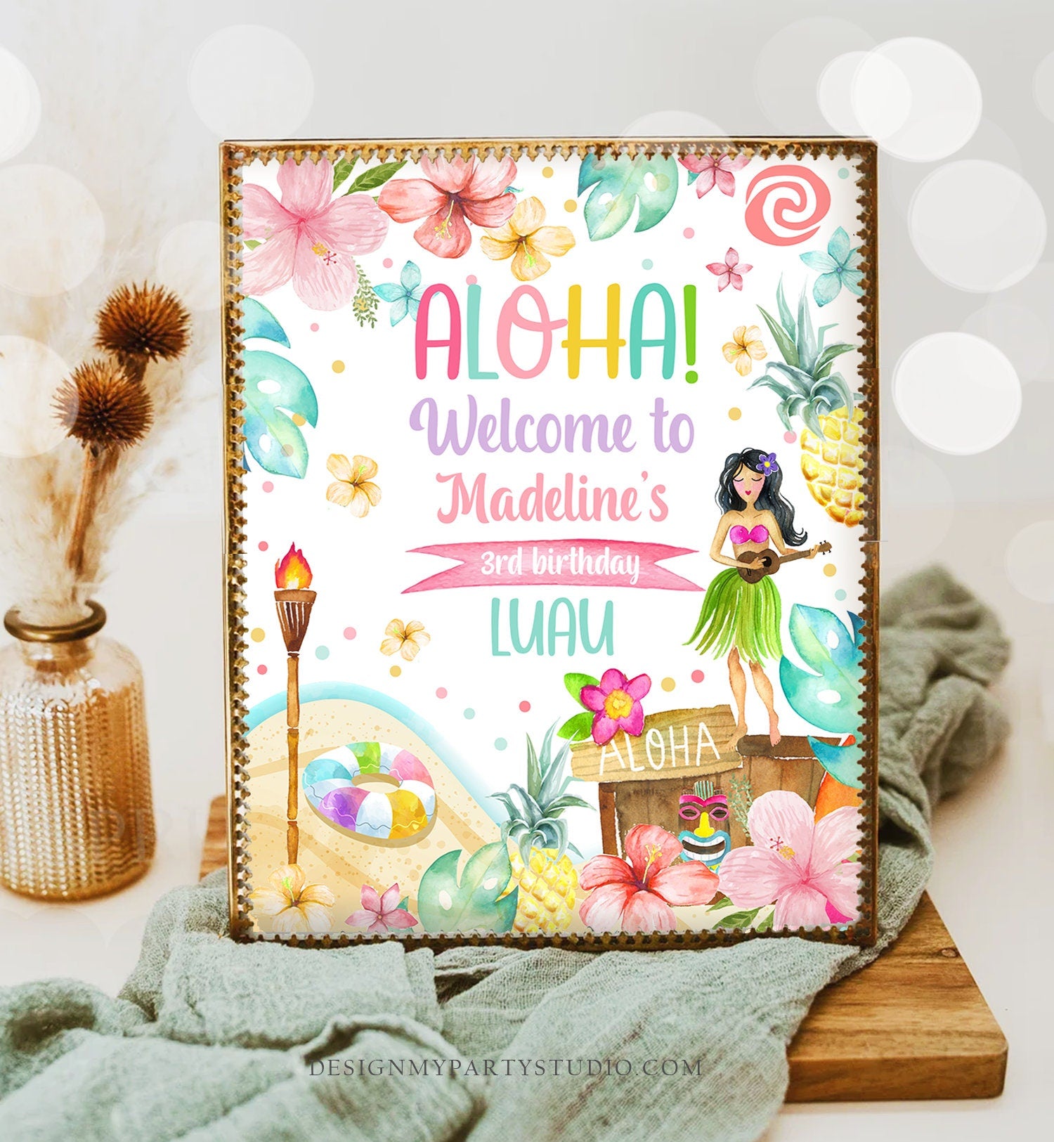 Editable Luau Birthday Welcome Sign Tropical Hawaiian Luau Birthday Sign Girl Pink Aloha Party Poster Digital Template Printable 0413