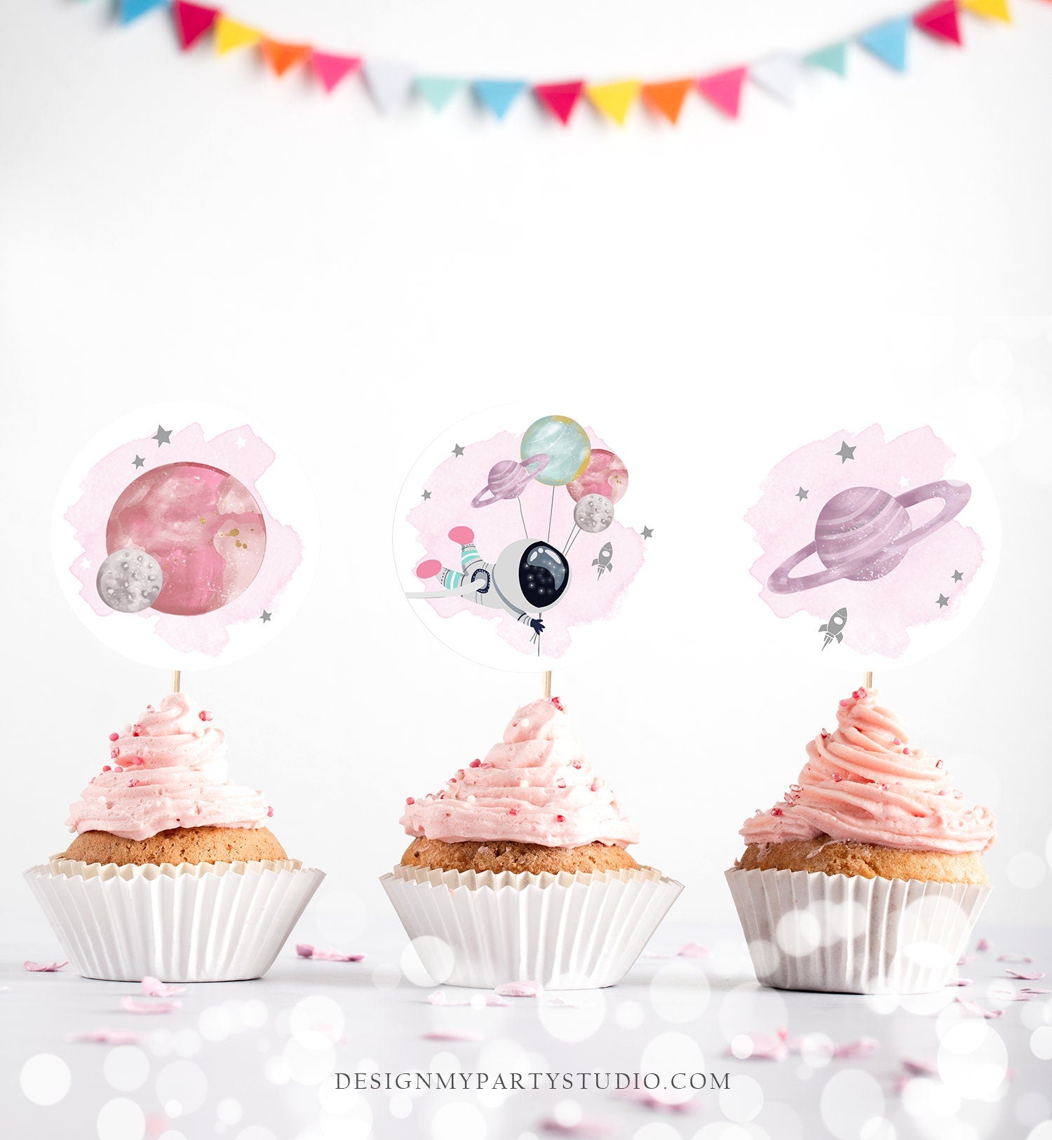 Outer Space Birthday Cupcake Toppers First Trip Around the Sun Favor Tags Space Birthday Planets Galaxy Girl Pink Digital PRINTABLE 0366