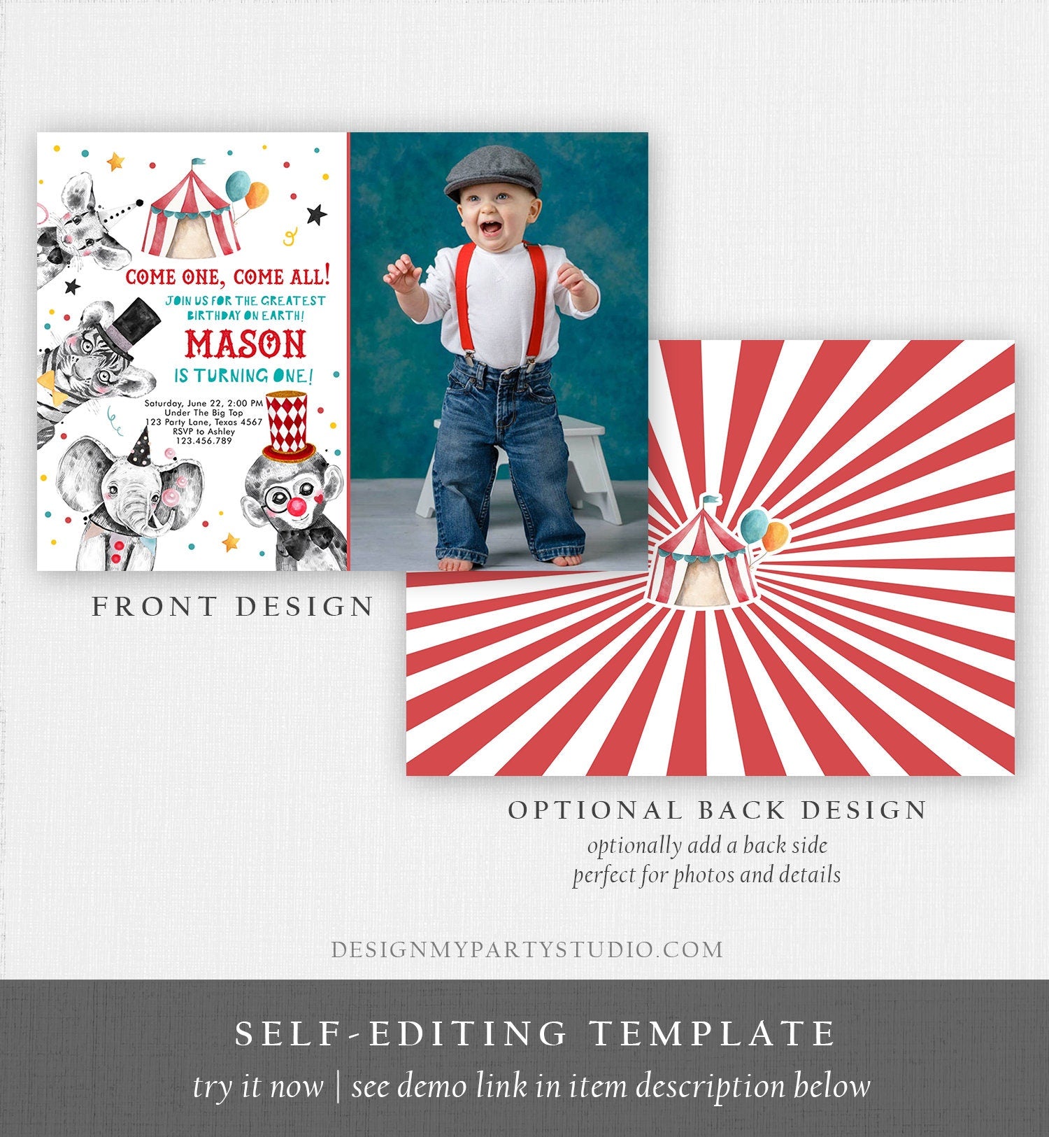 Editable Circus Birthday Invitation Party Animals Circus Carnival Festival Come All Come One Boy Digital Download Template Printable 0355