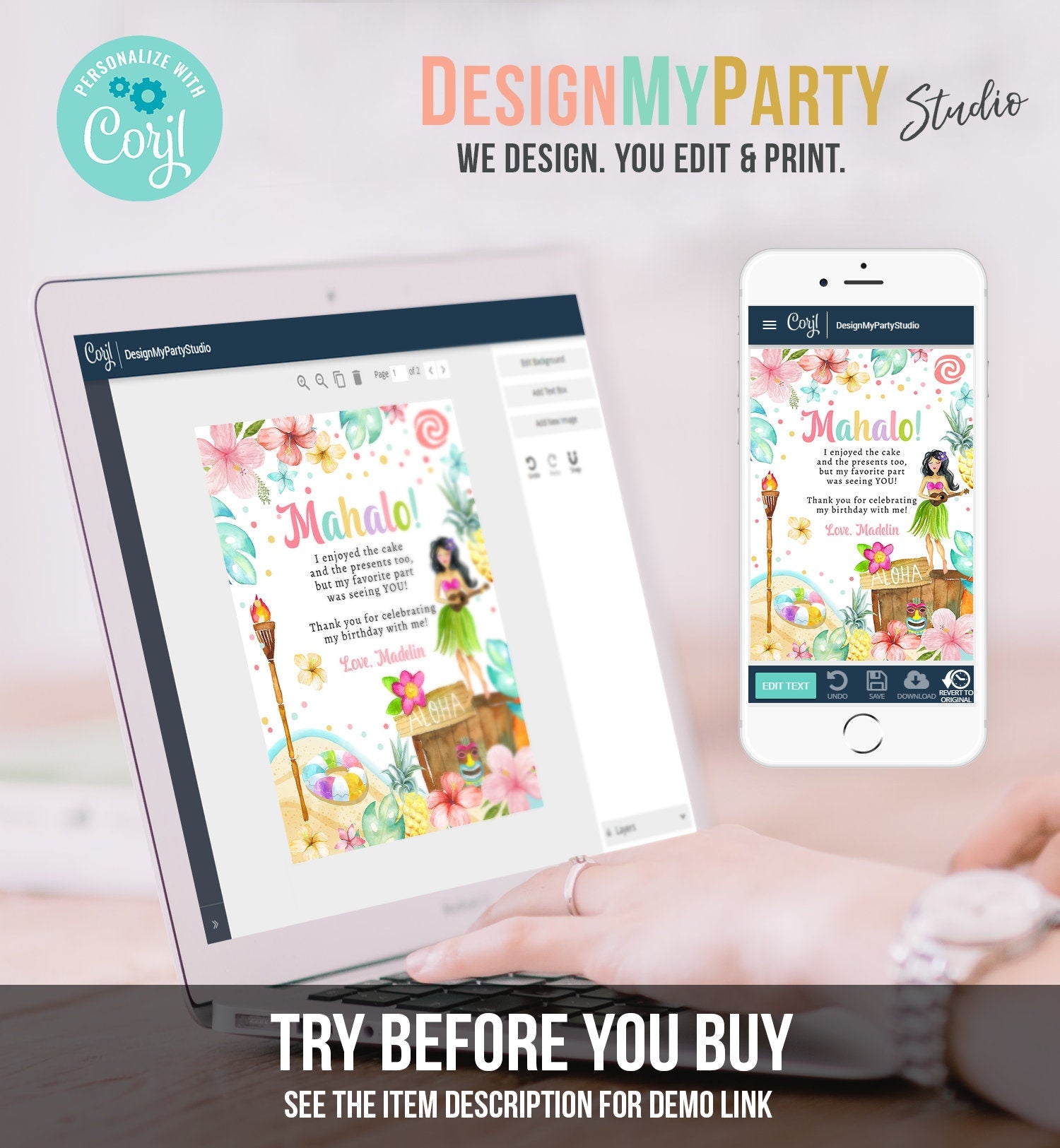 Editable Luau Birthday Thank You Card Girl Hawaiian Birthday Thank You Note Tropical Luau Party Digital Download Template Printable 0413