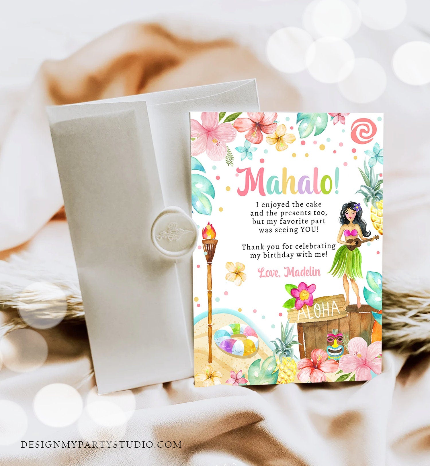 Editable Luau Birthday Thank You Card Girl Hawaiian Birthday Thank You Note Tropical Luau Party Digital Download Template Printable 0413