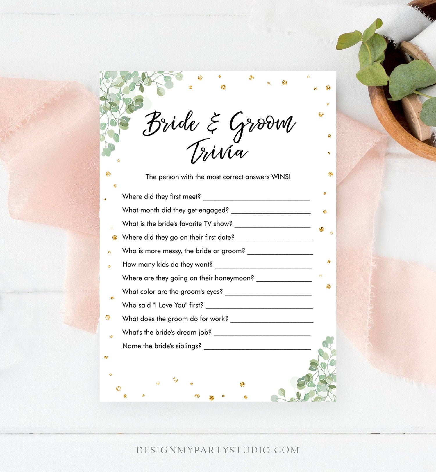Editable Bride and Groom Trivia Bridal Shower Game Eucalyptus Gold Confetti What Did He or She Said Digital Download Printable 0030