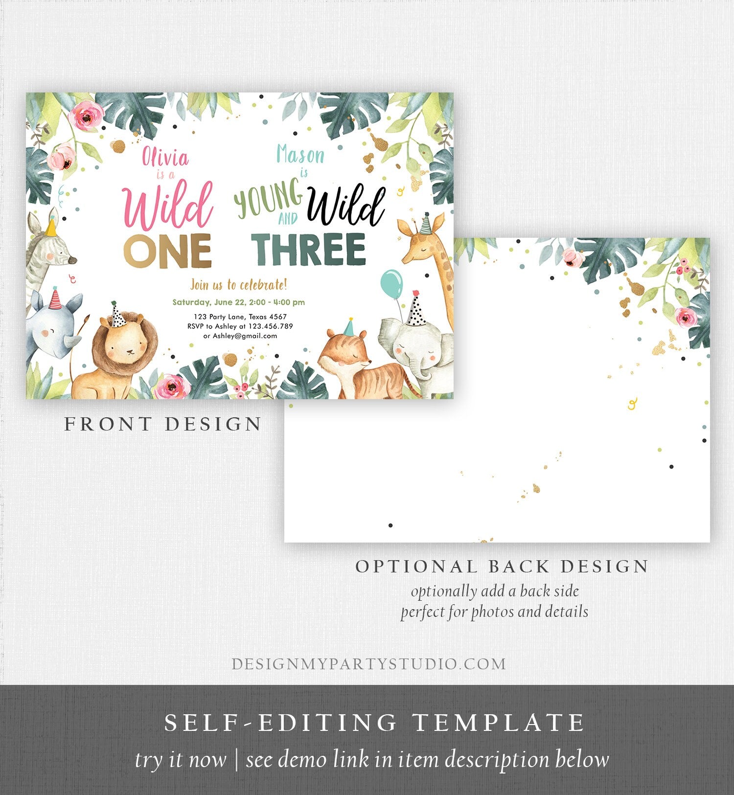 Editable Safari Animals Joint Birthday Invitation Boy Girl Wild One and Three Combined Party Zoo Wild and Three Template Digital Corjl 0163