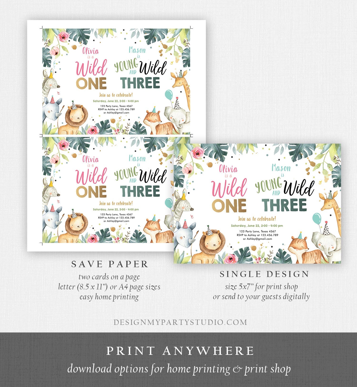 Editable Safari Animals Joint Birthday Invitation Boy Girl Wild One and Three Combined Party Zoo Wild and Three Template Digital Corjl 0163