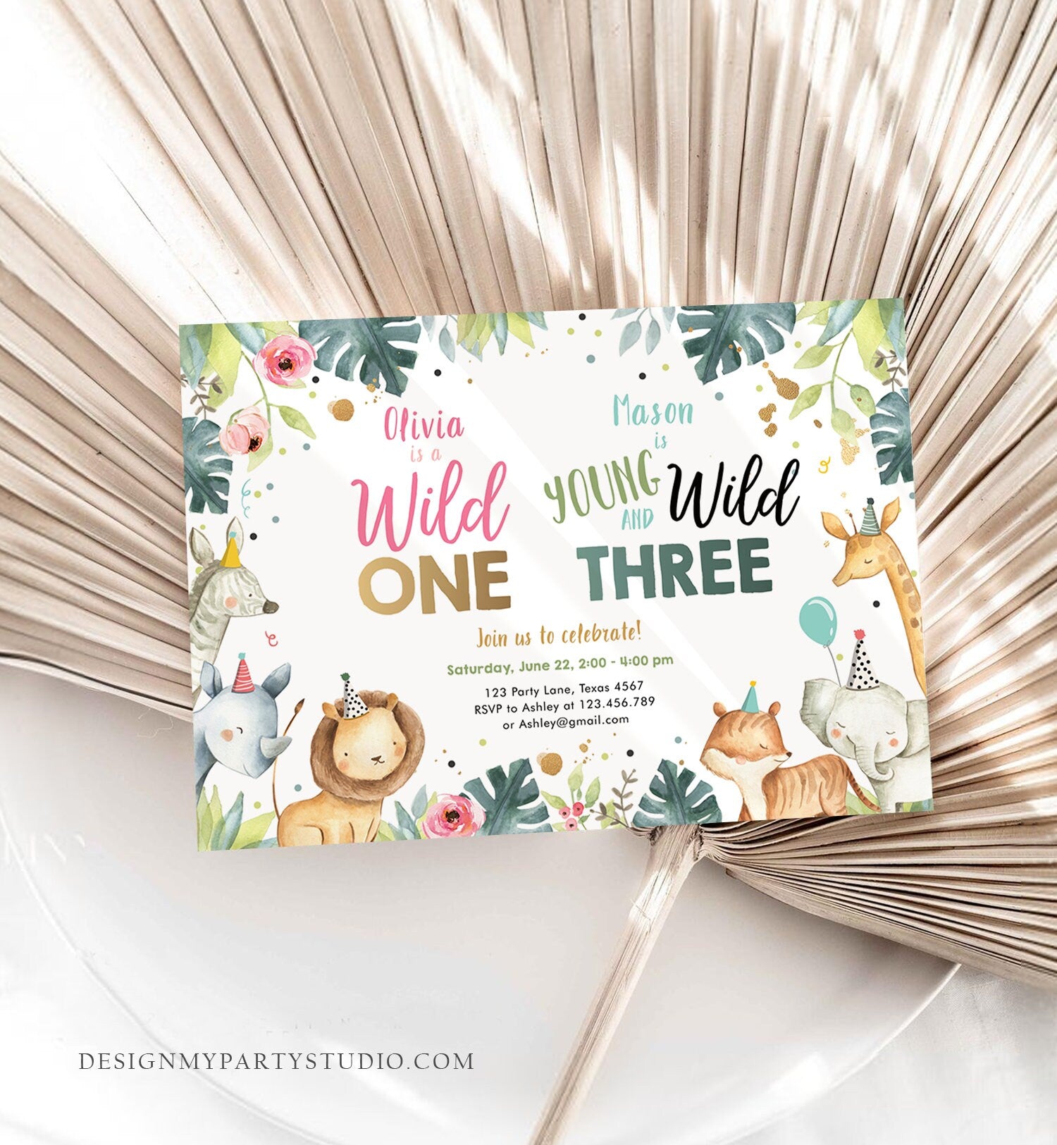 Editable Safari Animals Joint Birthday Invitation Boy Girl Wild One and Three Combined Party Zoo Wild and Three Template Digital Corjl 0163