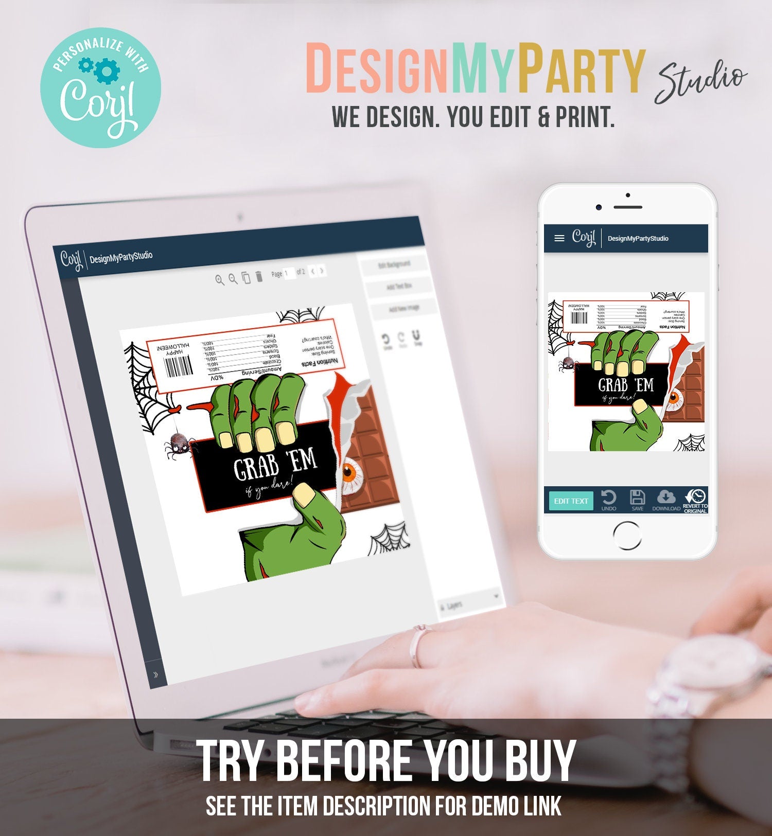 Editable Halloween Party Favor Halloween Candy Bar Wrapper Halloween Chocolate Bar Labels Zombie Gift Download Corjl Template Printable 0261