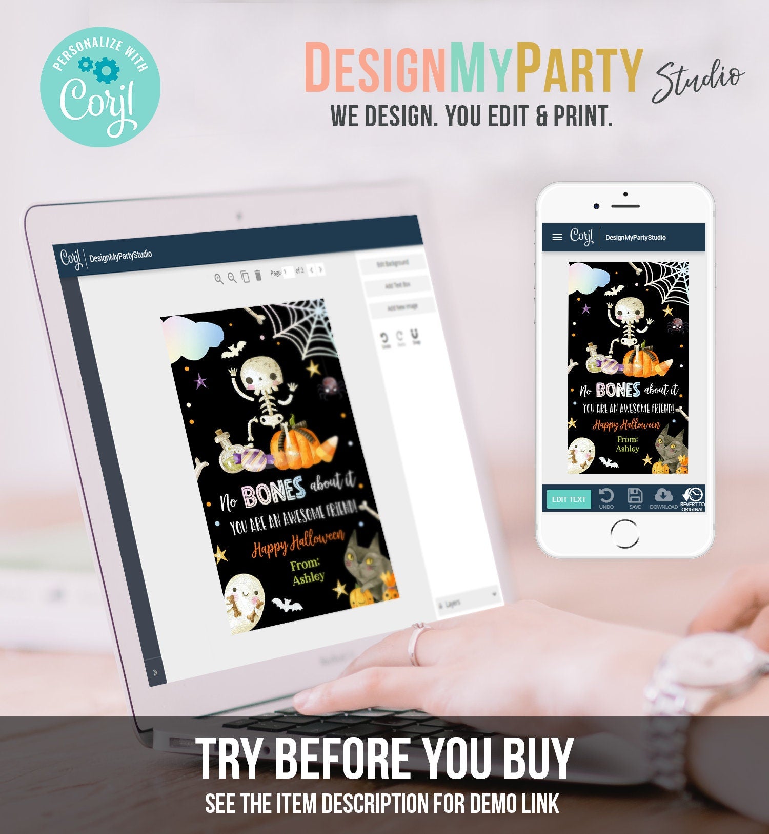 Editable Halloween Gift Tag Skeleton Gift Tag No Bones About It Friend School Treat Skull Favors Digital Download Template Printable 0261