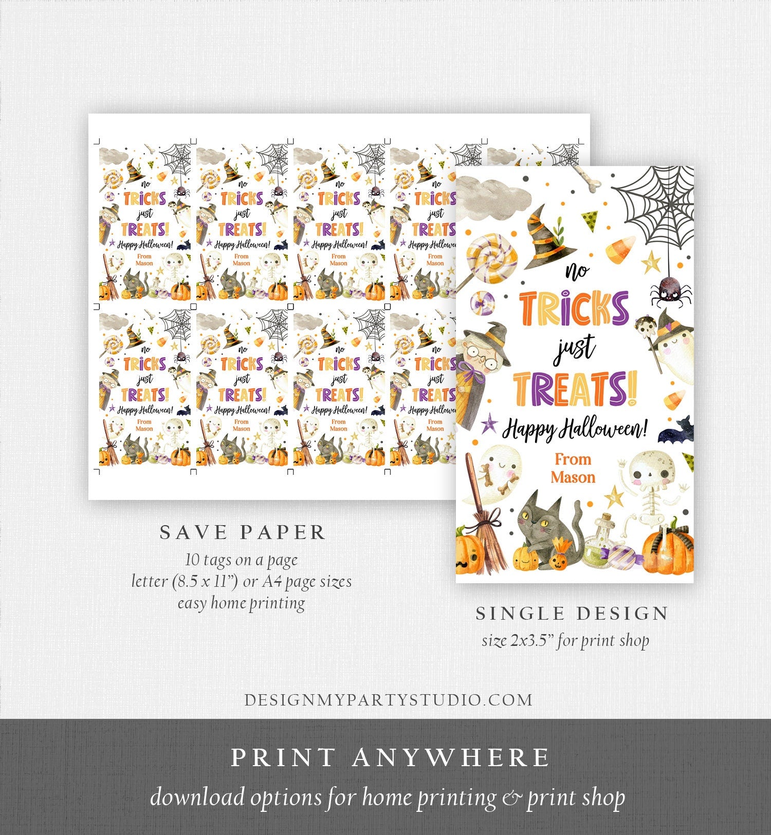 Editable Halloween Gift Tag No Tricks Just Treats Halloween Treat Tag Trick Or Treat Favor Tags Kids Download Template Printable 0261 0475