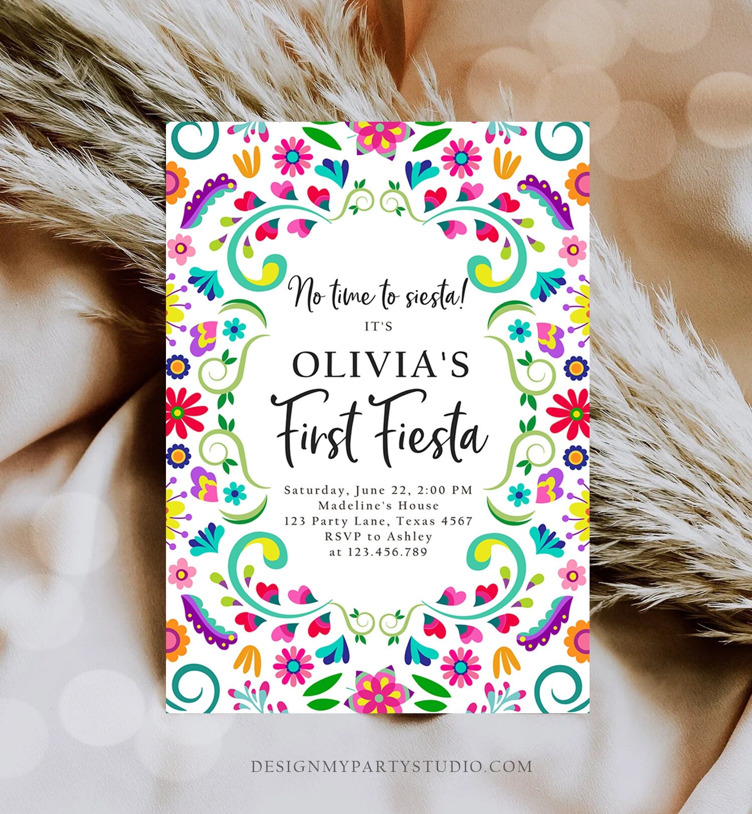 Editable First Fiesta Birthday Invitation Mexican 1st Birthday Party Floral Fiesta Girl Kid Printable Invitation Template Digital Evite 0466