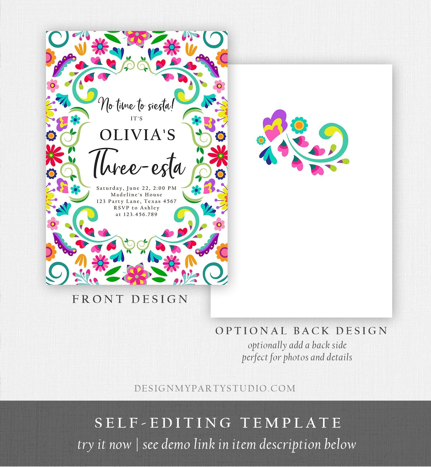 Editable Fiesta Invitation Three-esta Birthday Mexican Party Cactus Mexico Floral Girl Kids 3rd Printable Invitation Template Corjl 0466