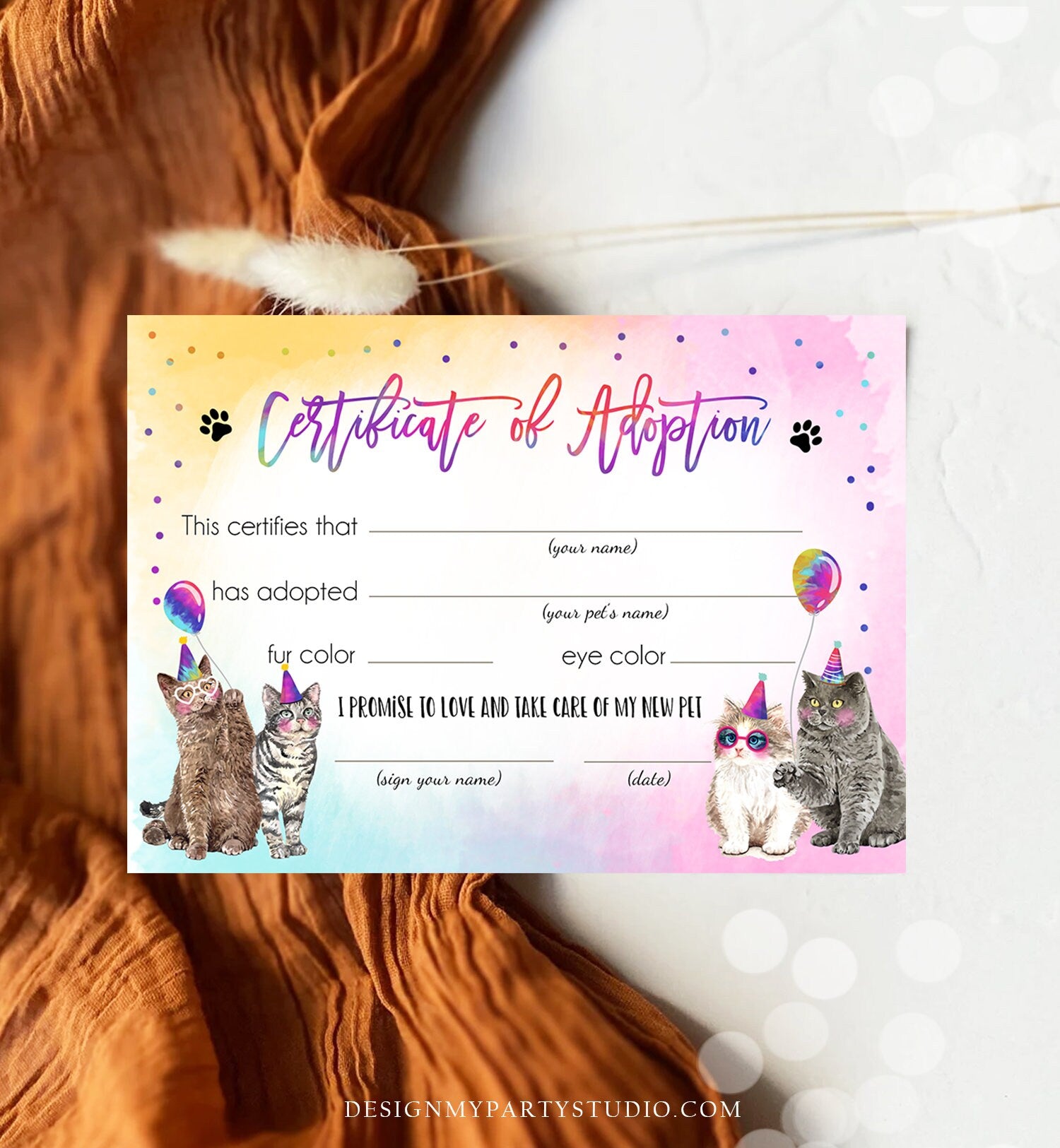 Pet Adoption Certificate Cat Adoption Cat Birthday Party Adopt A Cat Girl Pink Pawty Kitten Adoption Instant Download Digital PRINTABLE 0460