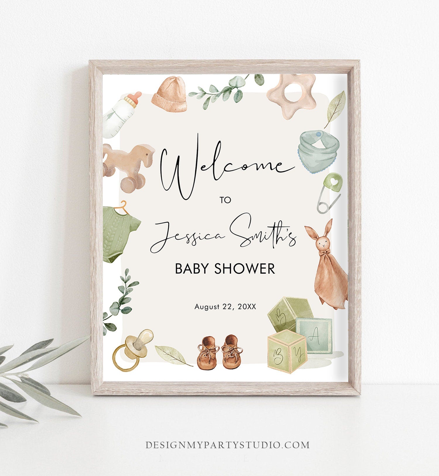Editable Boho Baby Shower Welcome Sign Boy Baby Shower Neutral Baby Clothes Rustic Greenery Sage Green Instant Template PRINTABLE Corjl 0470
