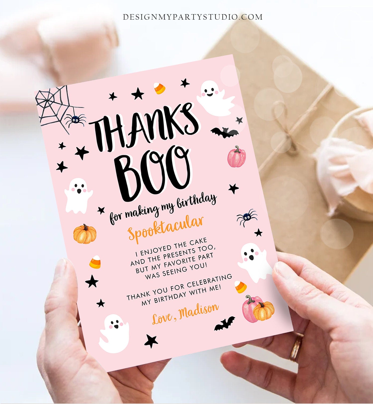 Editable Thanks Boo Halloween Thank You Card Note Pink Ghost Pumpkin Birthday Girl Birthday Digital Download Template Printable 0009 0418