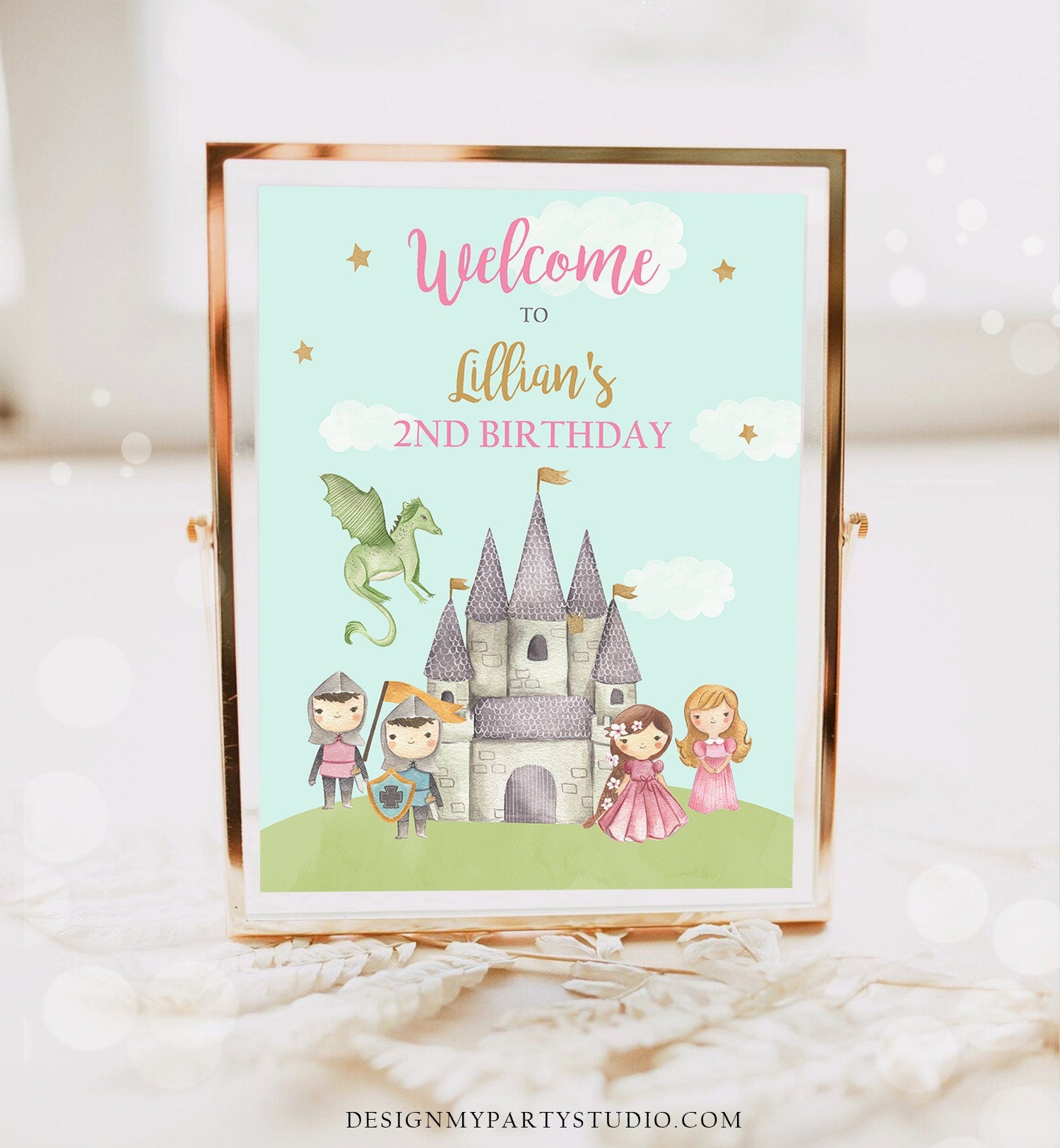 Editable Princess and Knight Birthday Welcome Sign Girl Dual Joint Boy Girl Royal Castle Pink Gold Dragon Digital Template Printable 0171