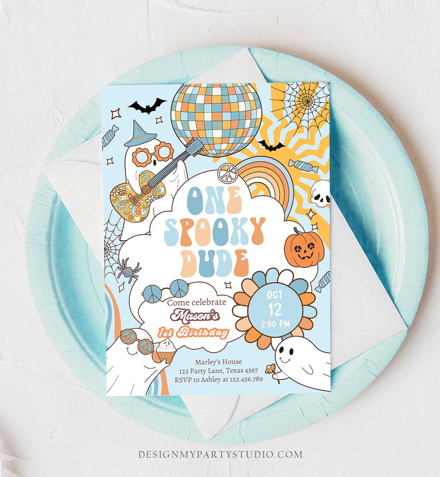 Editable One Spooky Dude Groovy Halloween 1st Birthday Invitation Boy Ghost Party Spooktacular Download Printable Template Corjl 0009 0471