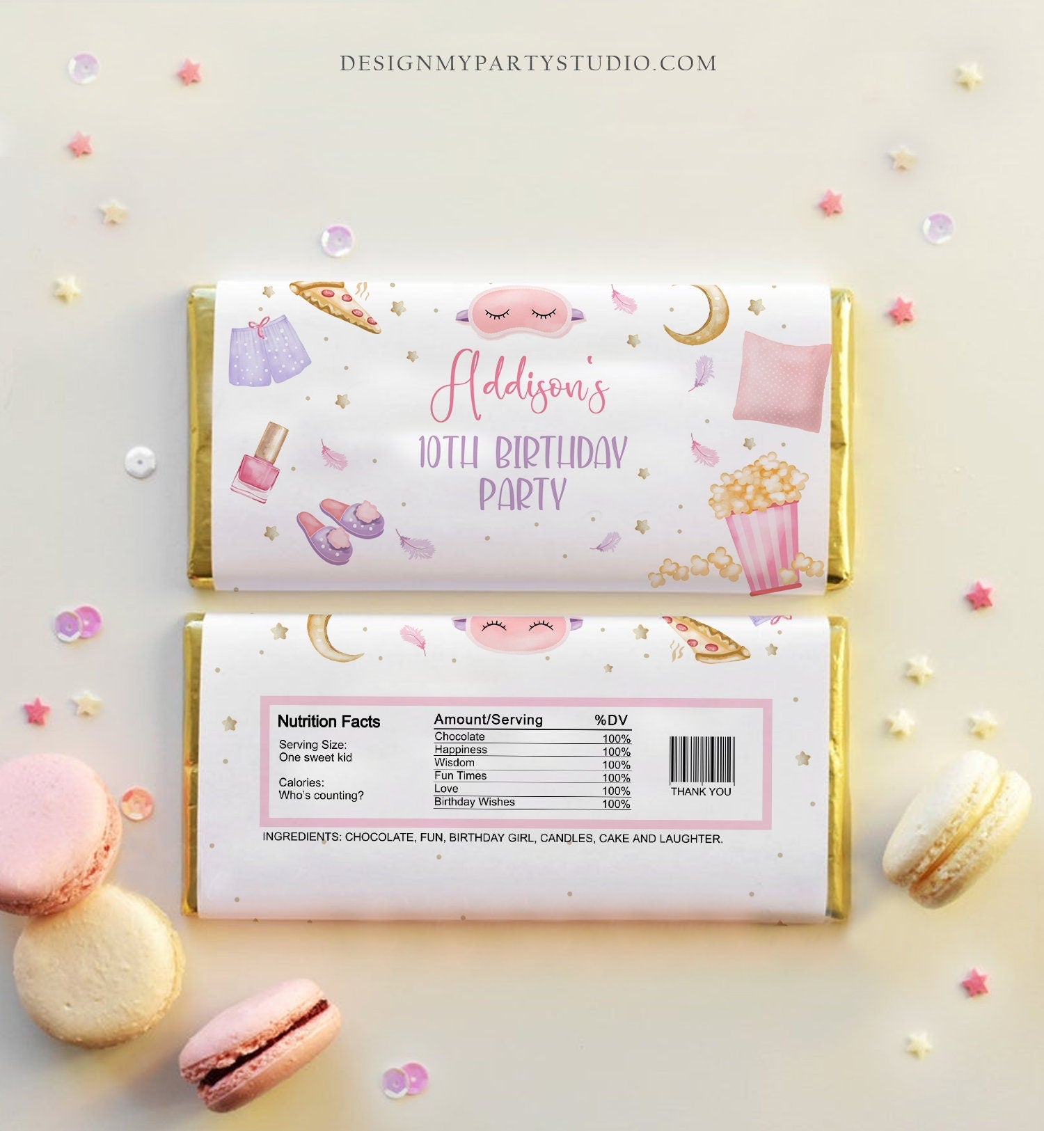 Editable Sleepover Chocolate Bar Labels Candy Bar Wrapper Slumber Party Spa Girl Pink Movie Night Digital Download Template Printable 0447