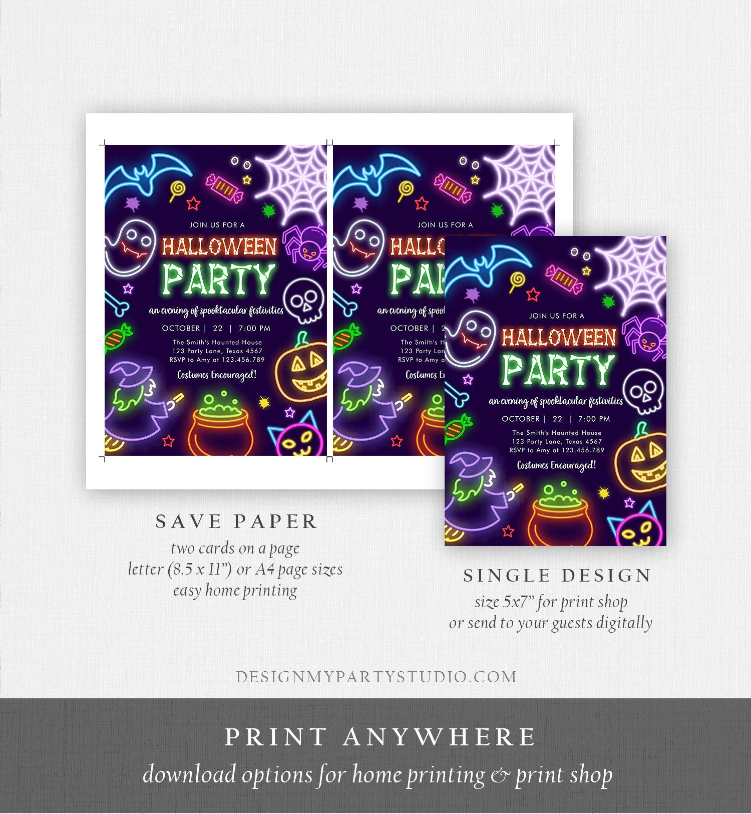 Editable Neon Halloween Party Invitation Costumes And Cocktails Adult Halloween Party Spooktacular Boos Or Brews Download Corjl 0474 0009