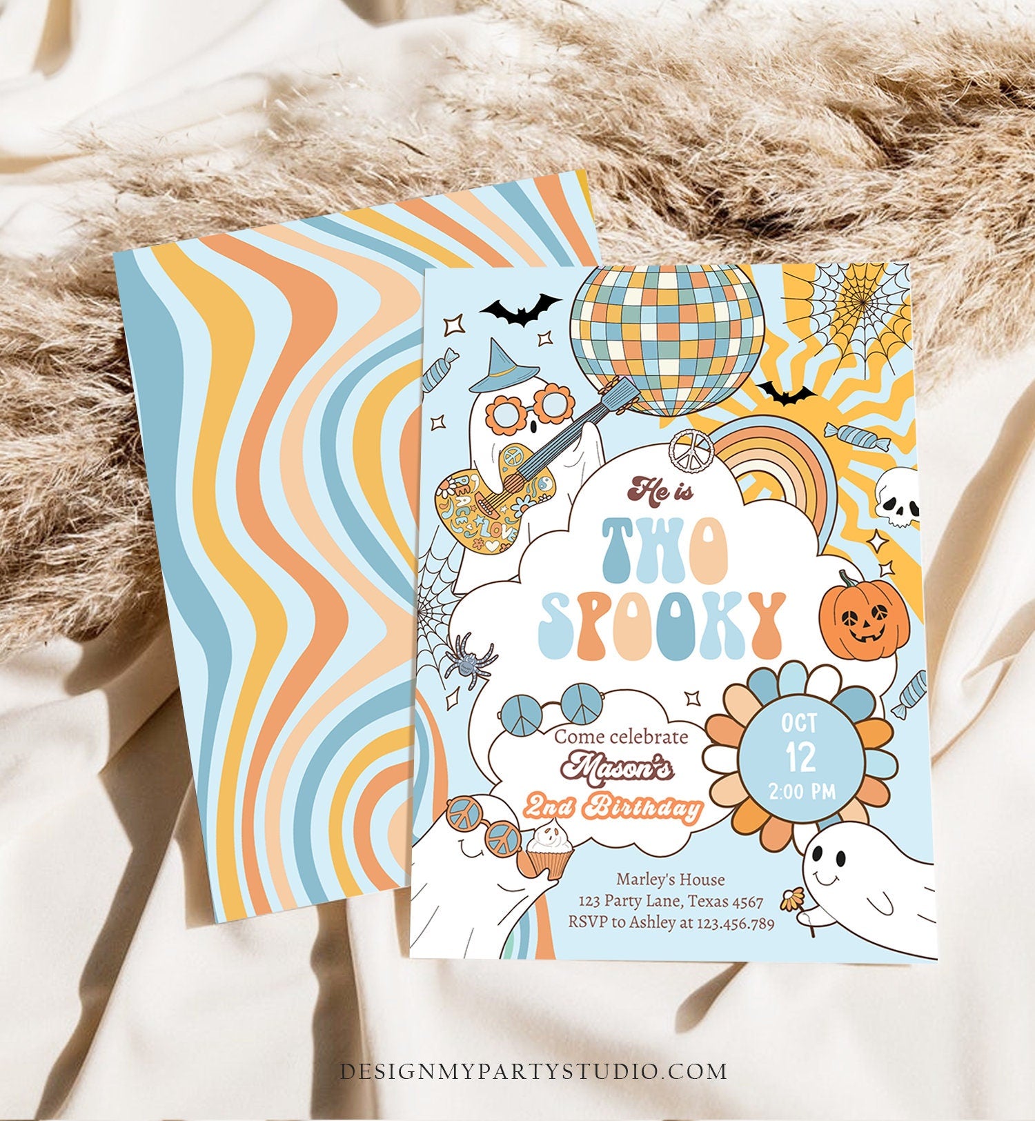 Editable Groovy Halloween Two Spooky Second Birthday Invitation Boy Ghost Party Blue Boo Spooktacular Party Digital Template Printable 0471