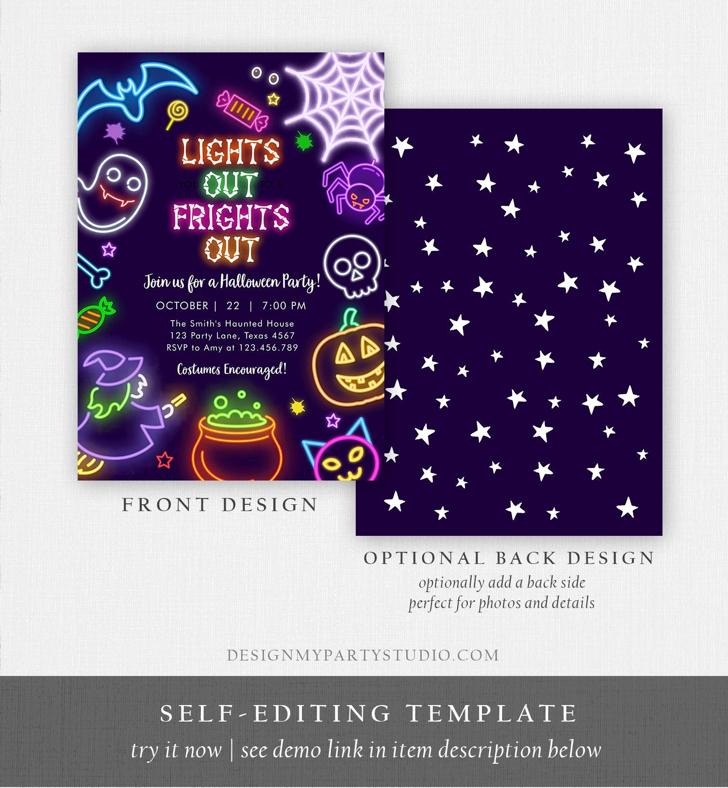 Editable Neon Halloween Party Invitation Costumes And Cocktails Adult Halloween Party Spooktacular Glow in The Dark Download Corjl 0474 0009